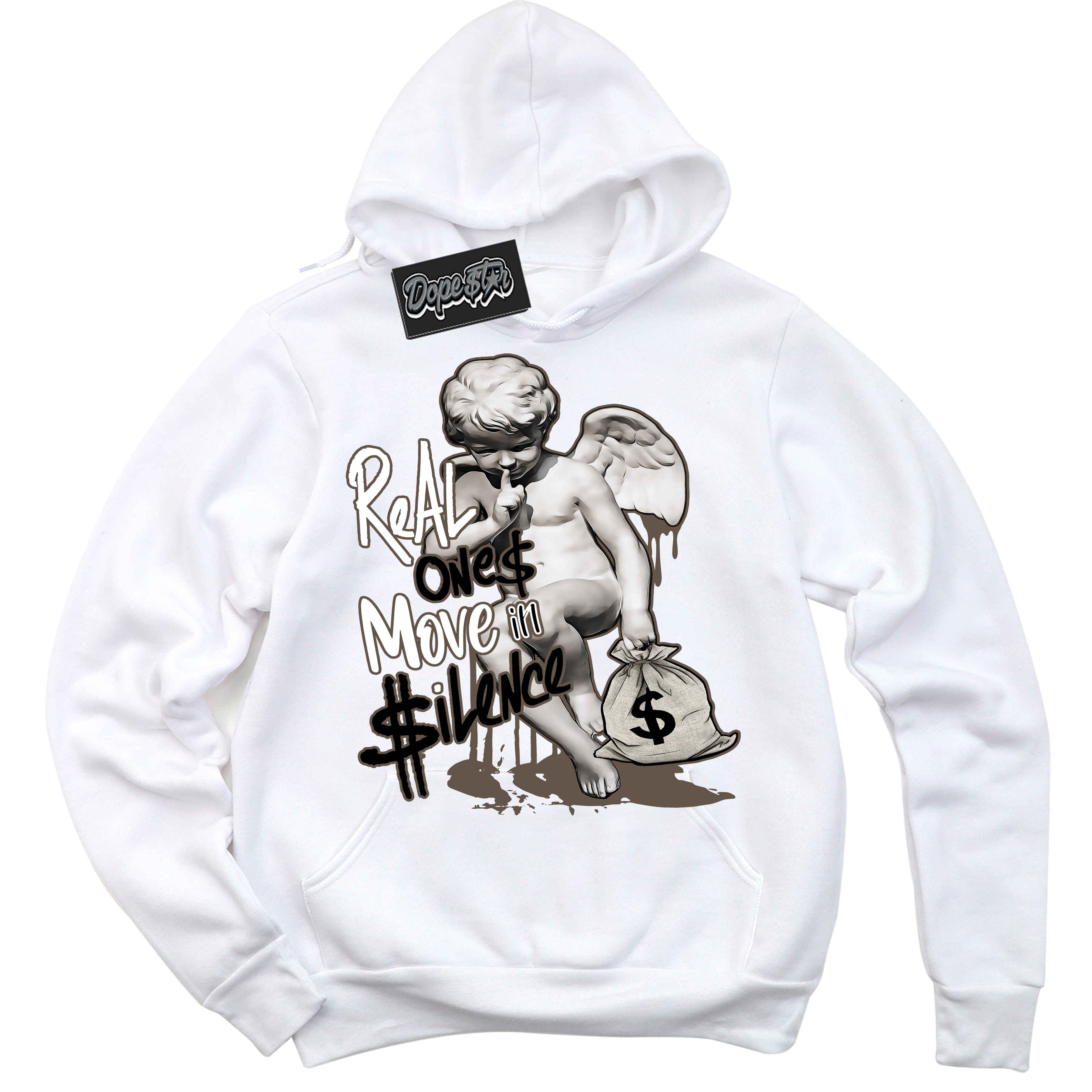 Cool White Hoodie with “Real Ones Cherub” design that Perfectly Matches Mocha Palomino 1s Jordans.