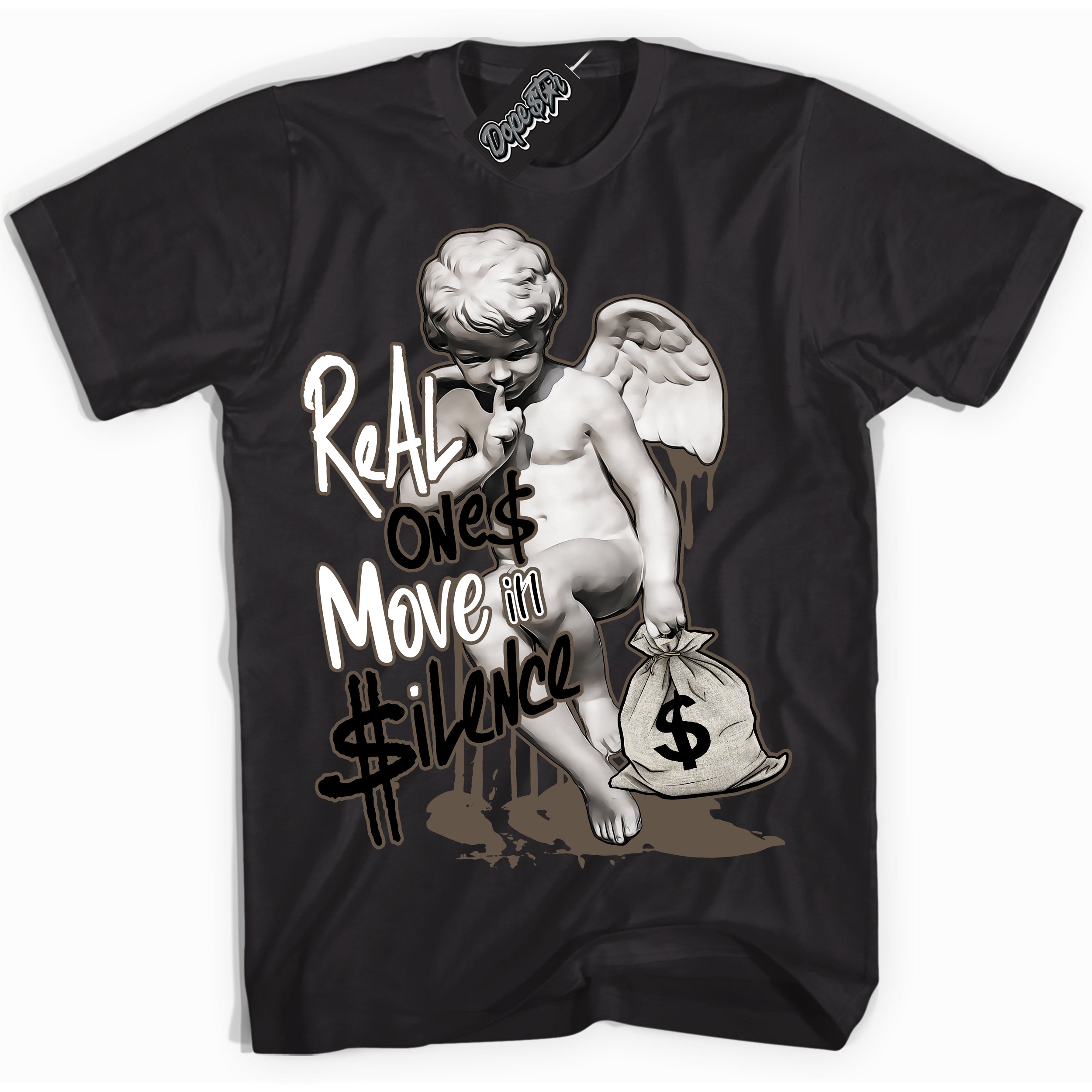 Cool Black Shirt with “Real Ones Cherub” design that perfectly matches the Mocha Palomino 1s Jordans.