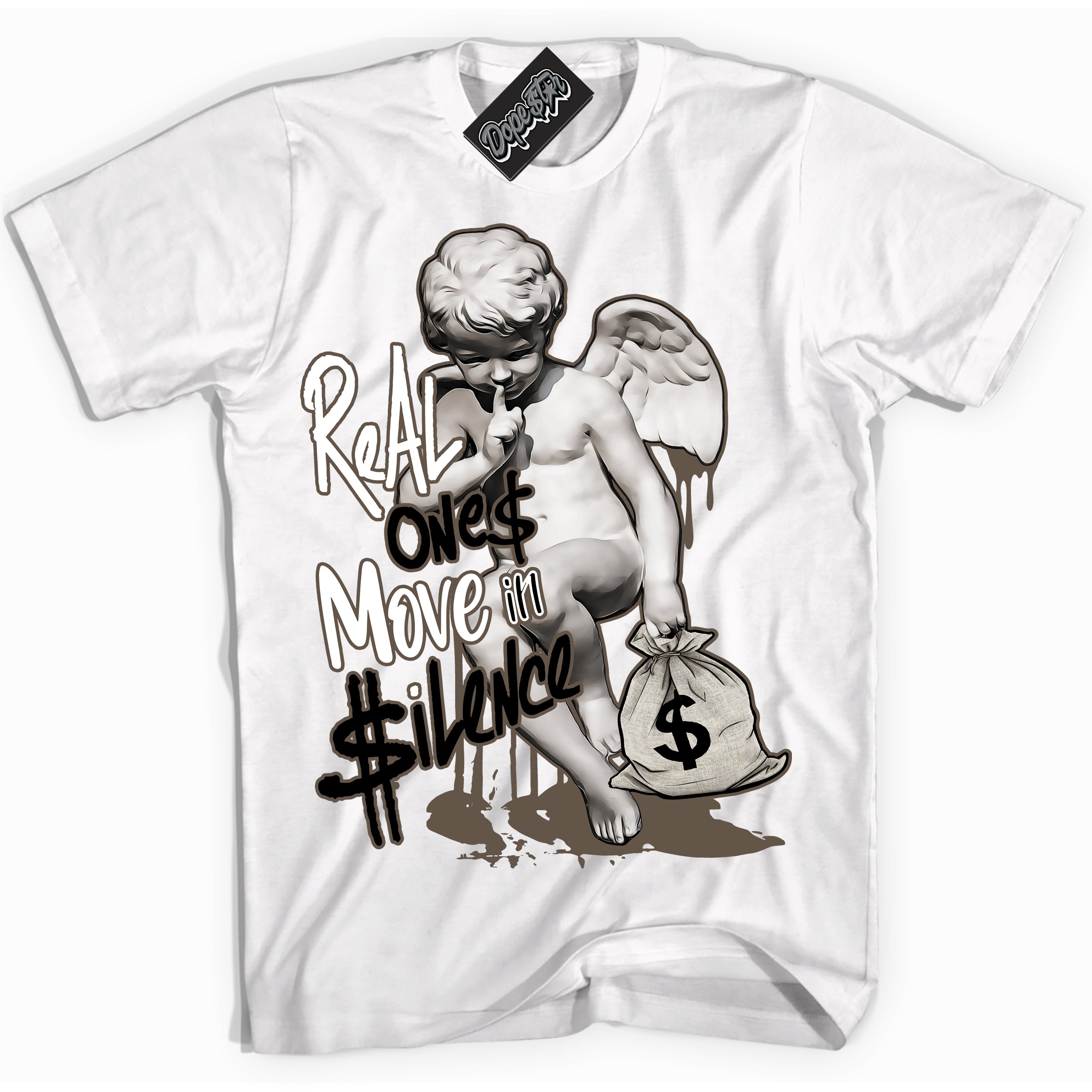 Cool White Shirt with “Real Ones Cherub” design that perfectly matches the Mocha Palomino 1s Jordans.