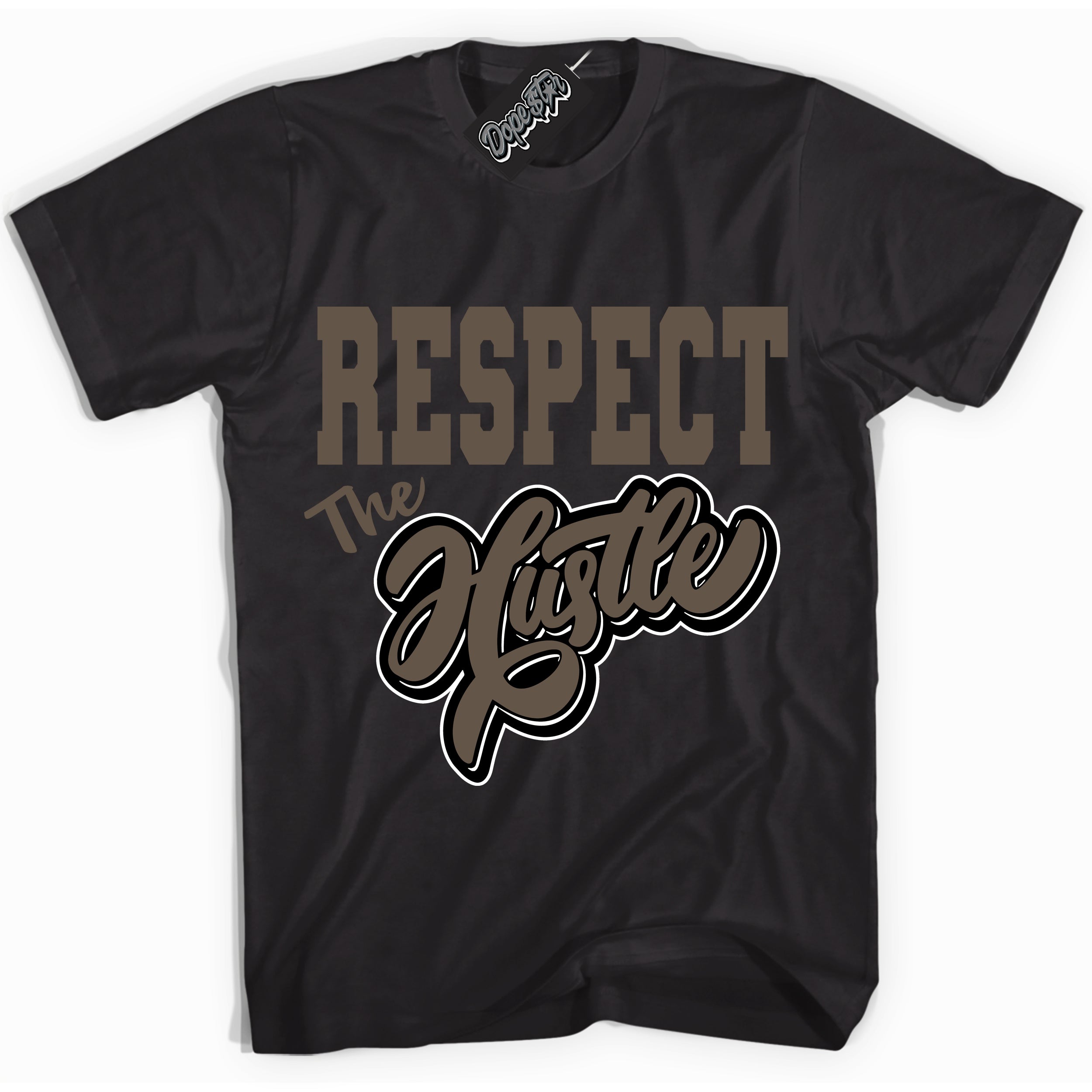 Cool Black Shirt with “Respect The Hustle” design that perfectly matches the Mocha Palomino 1s Jordans.