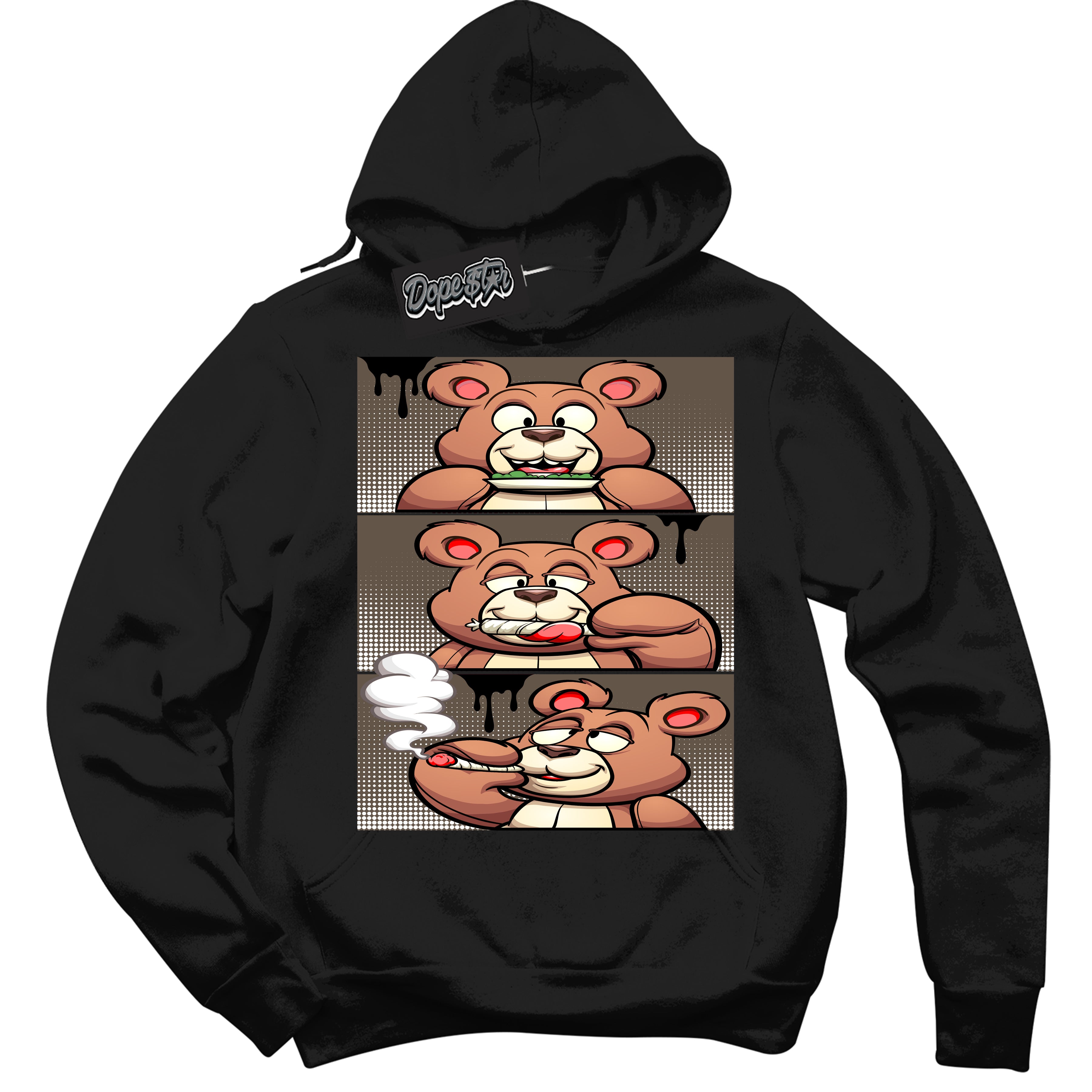 Cool Black Hoodie with “Roll It Lick It Smoke It Bear” design that Perfectly Matches Mocha Palomino 1s Jordans.