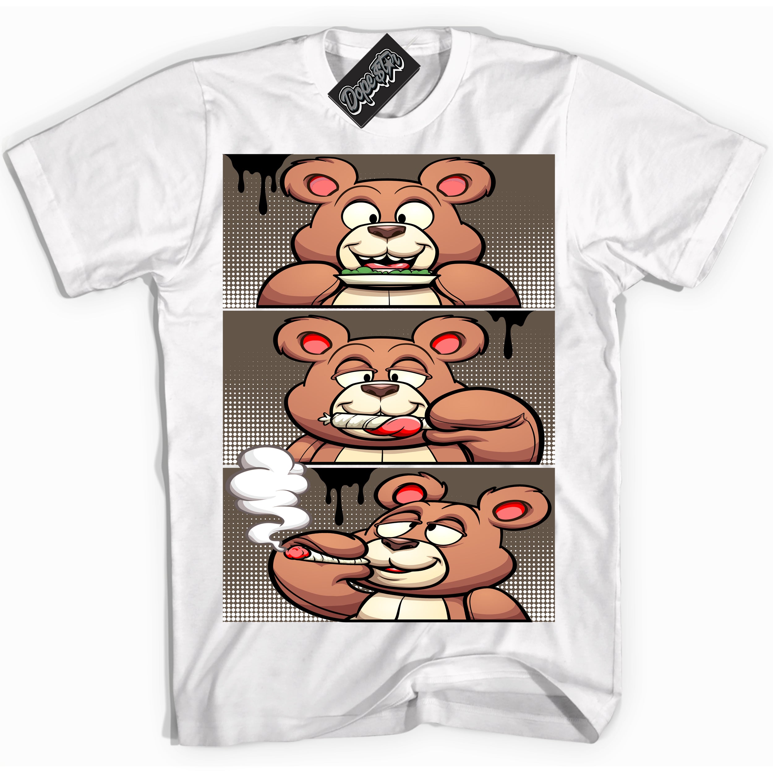 Cool White Shirt with “Roll It Lick It Smoke It Bear” design that perfectly matches the Mocha Palomino 1s Jordans.