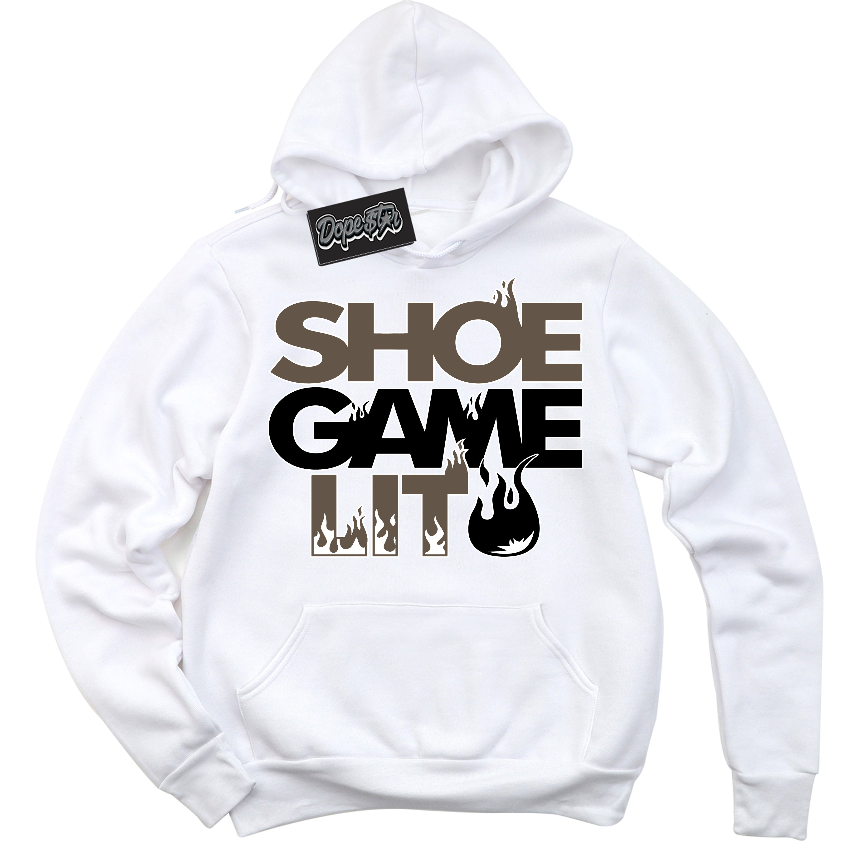 Cool White Hoodie with “Shoe Game Lit” design that Perfectly Matches Mocha Palomino 1s Jordans.