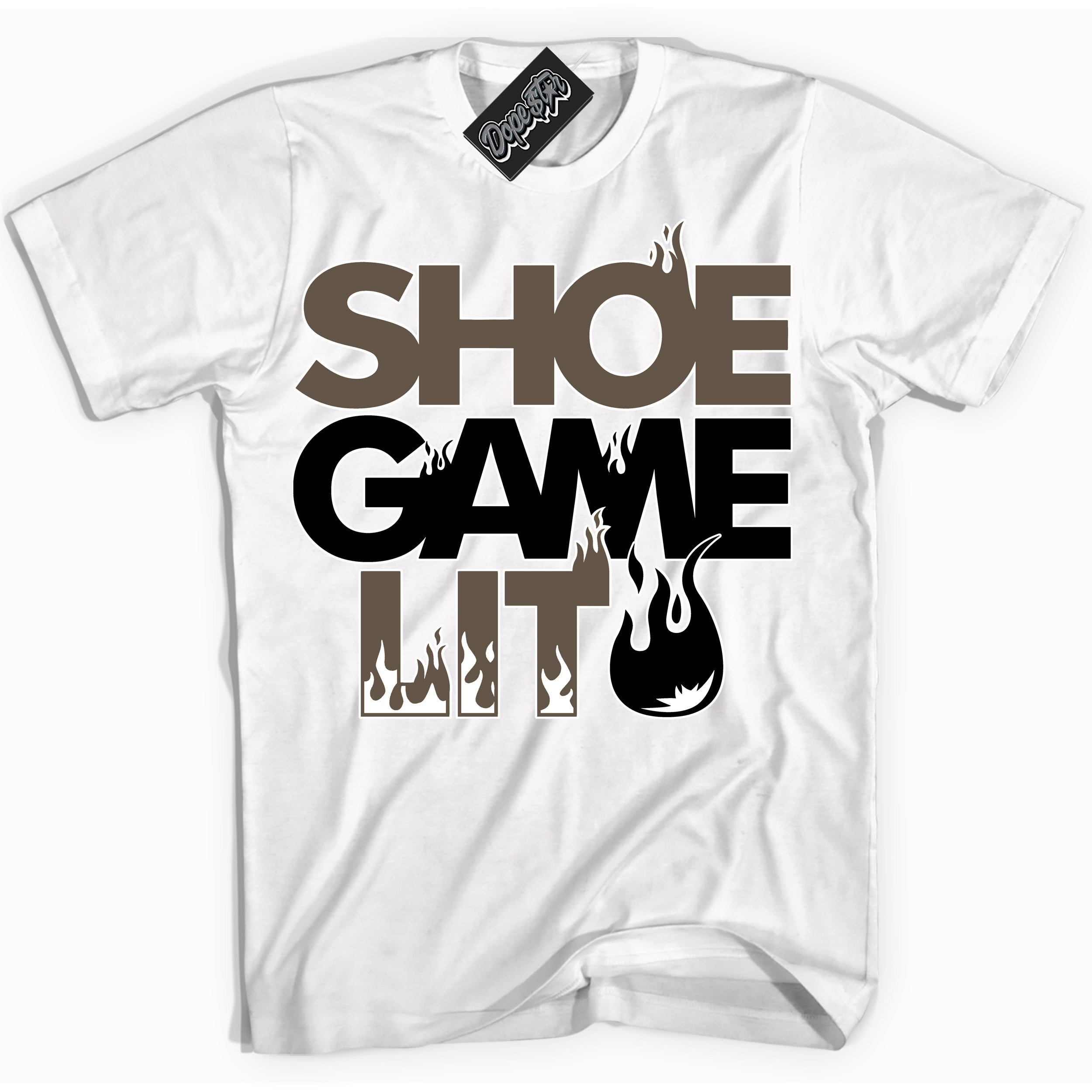 Cool White Shirt with “Shoe Game Lit” design that perfectly matches the Mocha Palomino 1s Jordans.