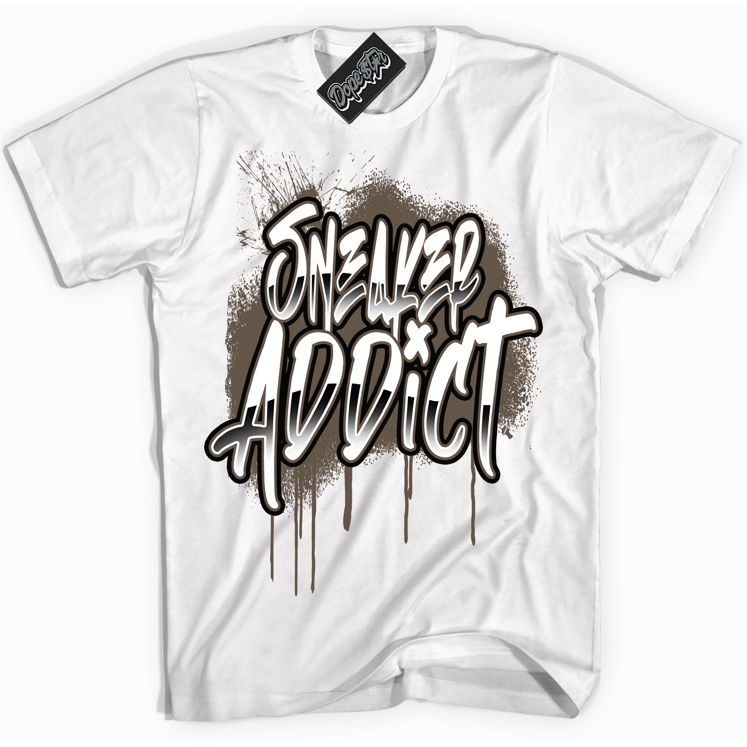 Cool White Shirt with “Sneaker Addict” design that perfectly matches the Mocha Palomino 1s Jordans.