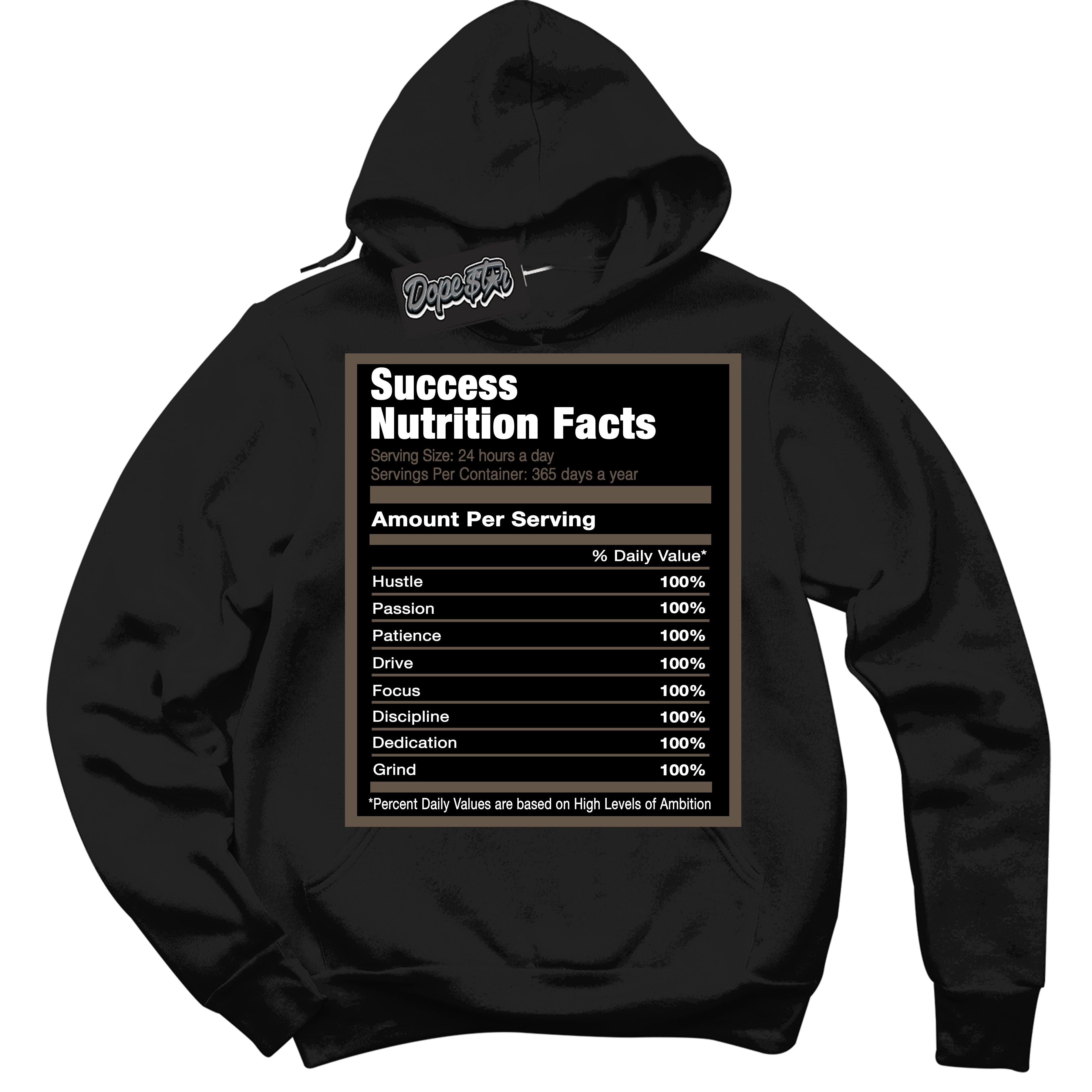 Cool Black Hoodie with “Success Nutrition” design that Perfectly Matches Mocha Palomino 1s Jordans.