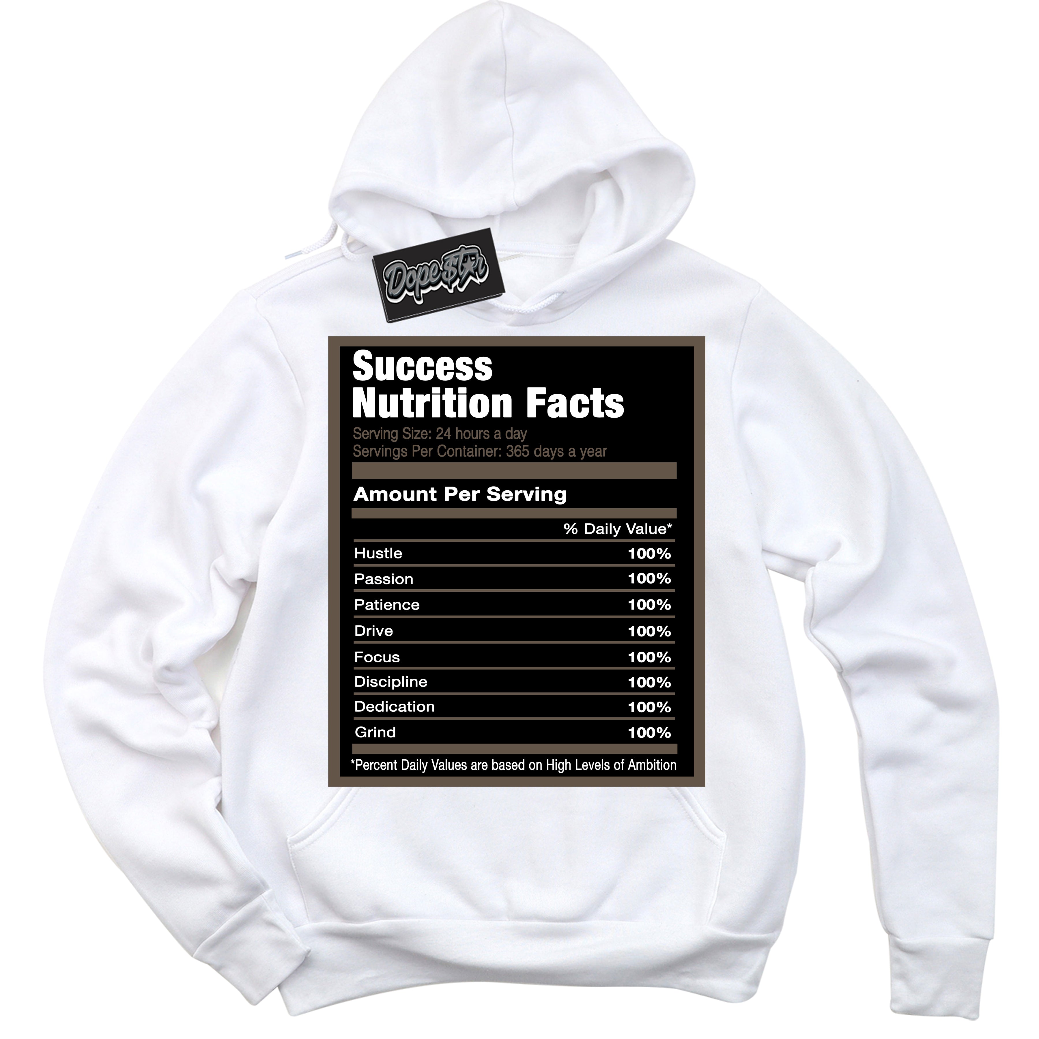 Cool White Hoodie with “Success Nutrition” design that Perfectly Matches Mocha Palomino 1s Jordans.