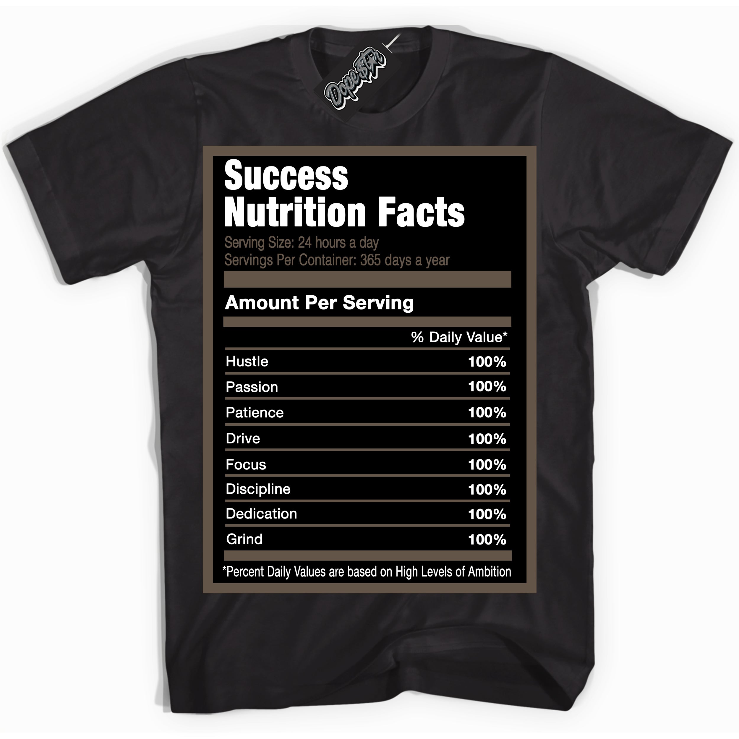 Cool Black Shirt with “Success Nutrition” design that perfectly matches the Mocha Palomino 1s Jordans.