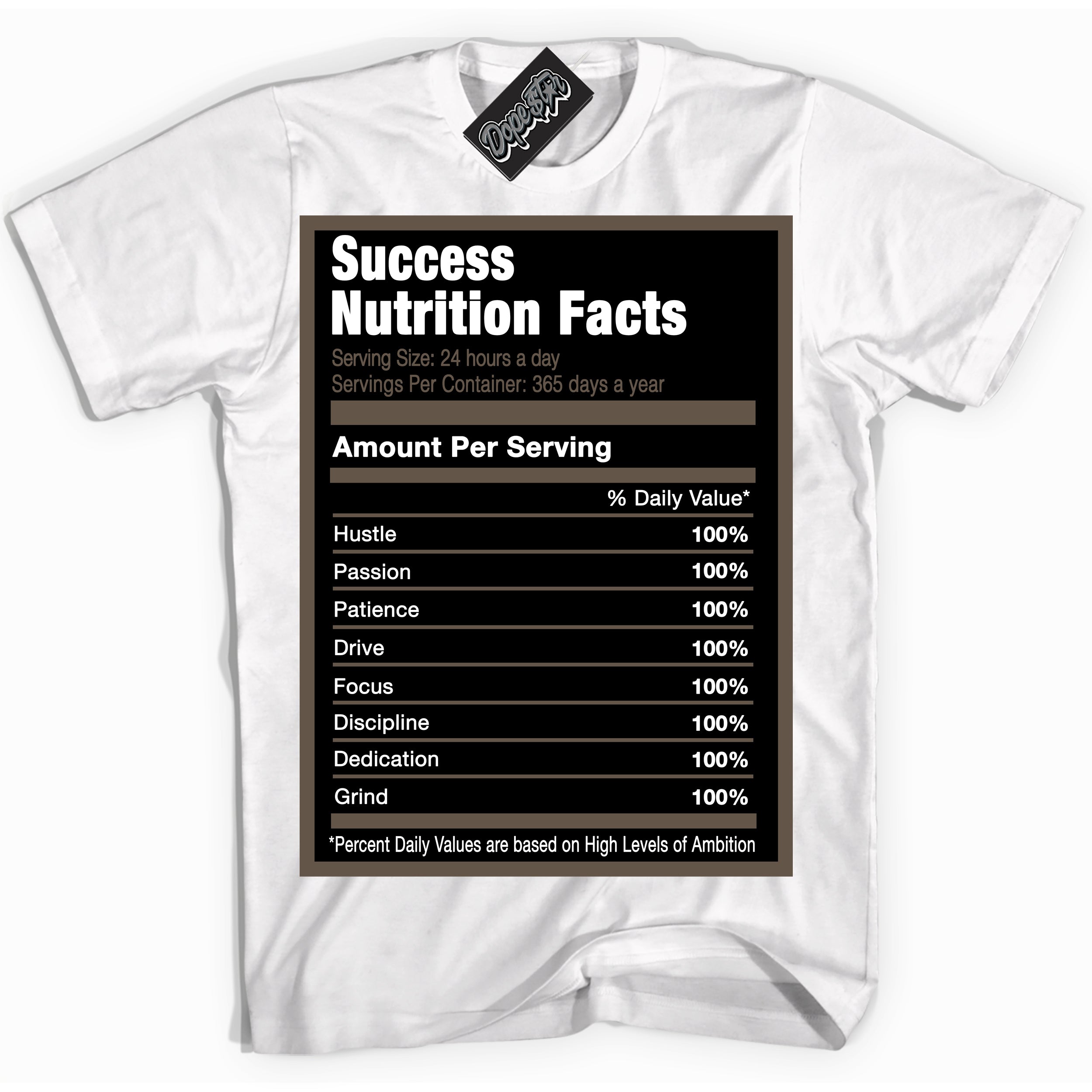 Cool White Shirt with “Success Nutrition” design that perfectly matches the Mocha Palomino 1s Jordans.