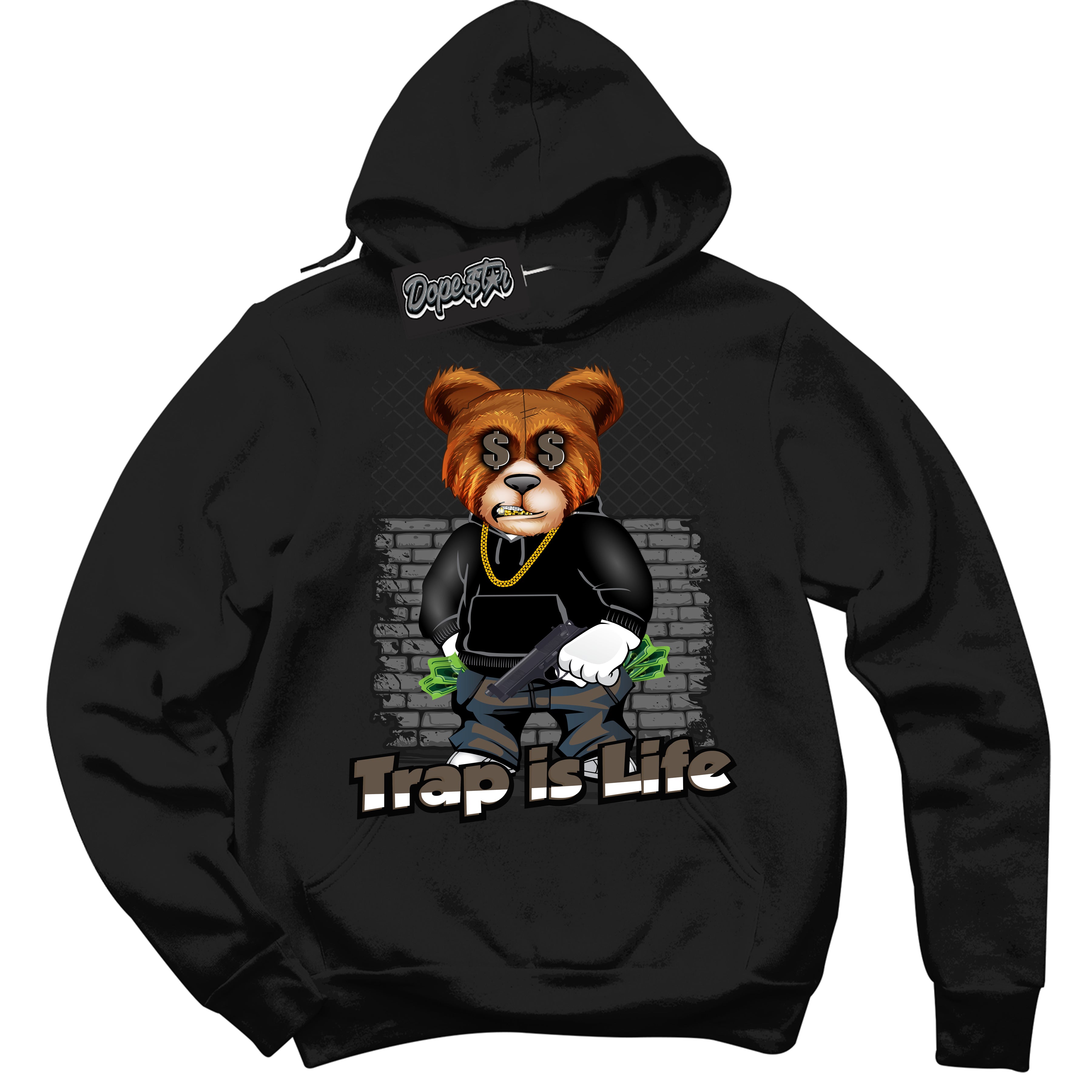 Cool Black Hoodie with “Trap Is Life” design that Perfectly Matches Mocha Palomino 1s Jordans.