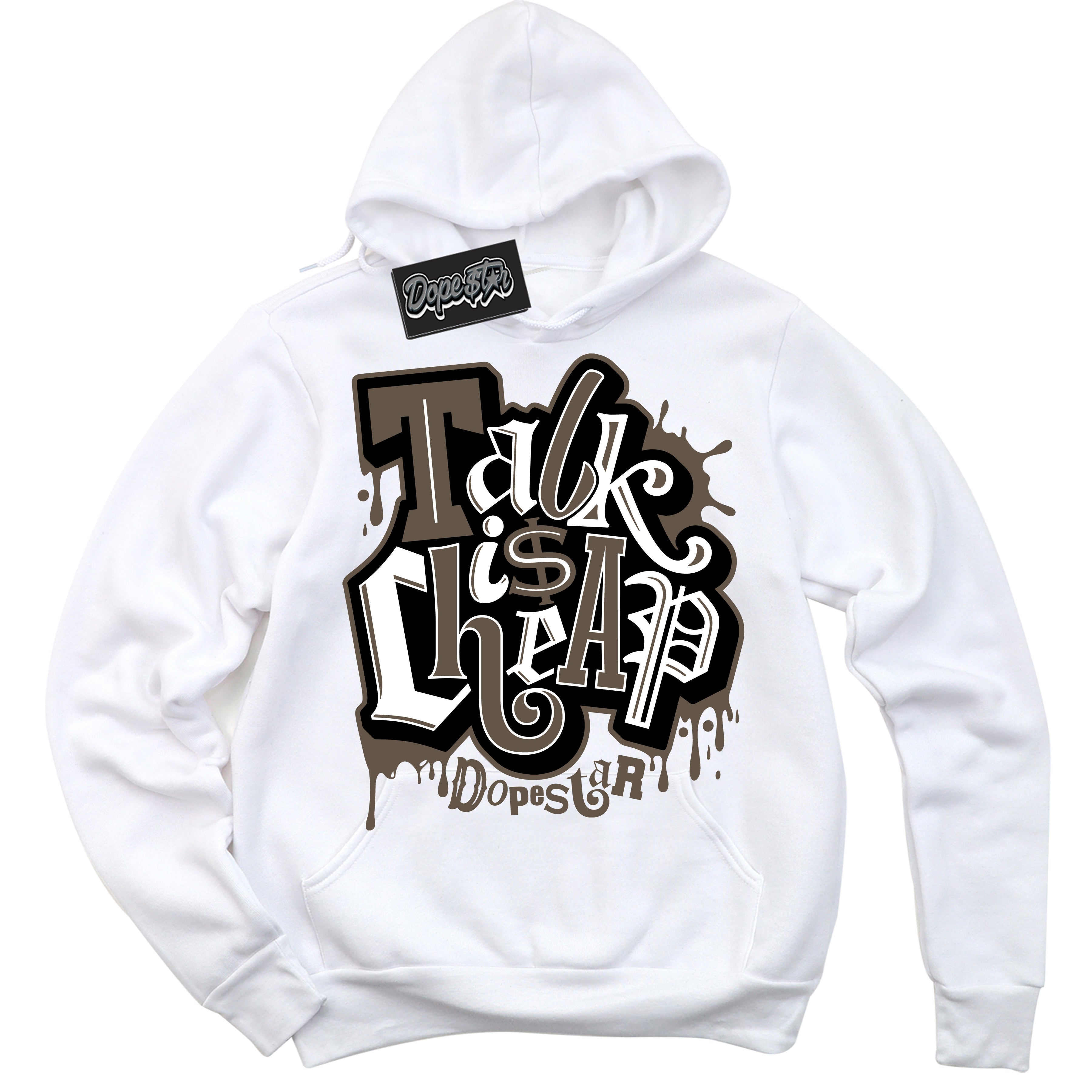 Cool White Hoodie with “Talk Is Cheap” design that Perfectly Matches Mocha Palomino 1s Jordans.