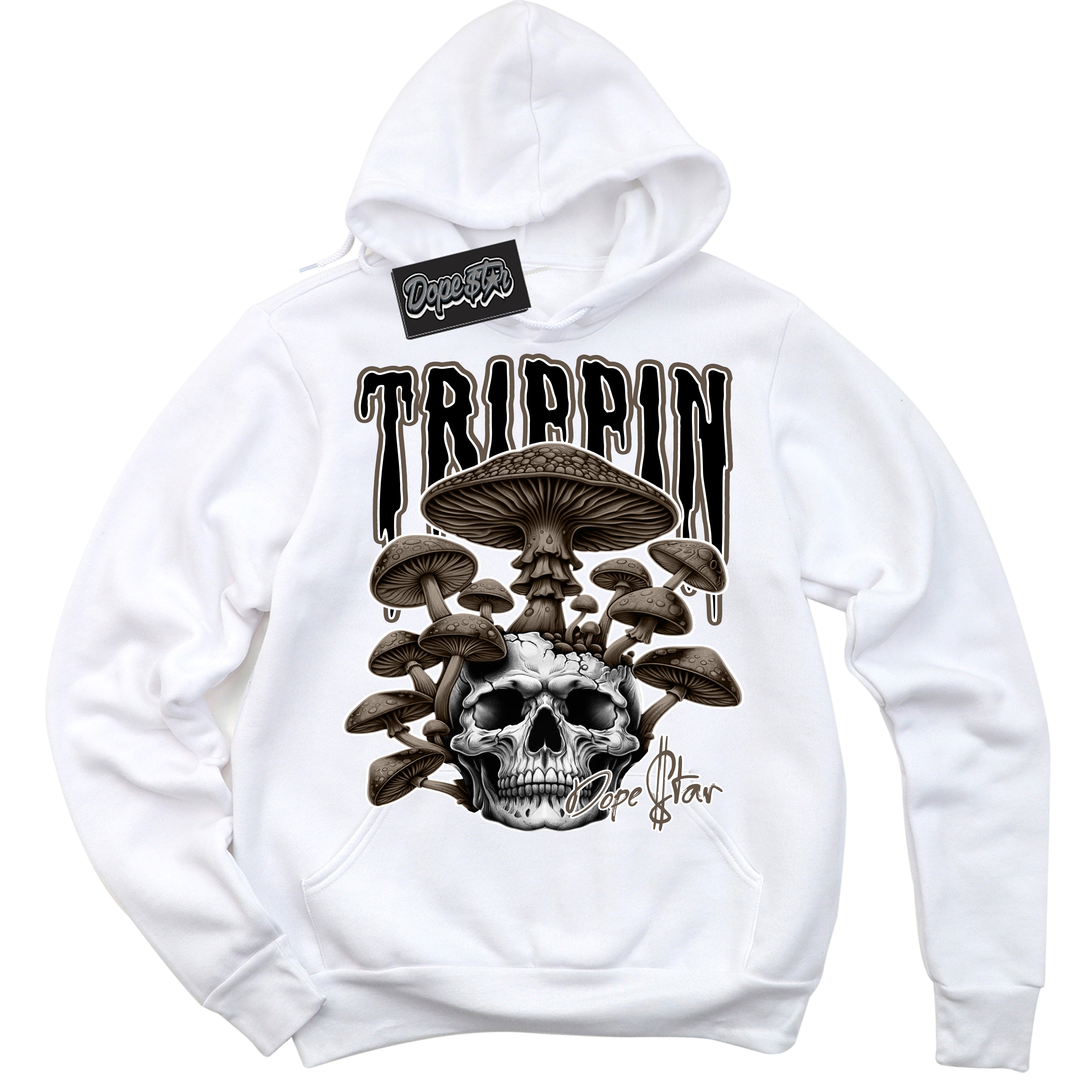 Cool White Hoodie with “Trippin” design that Perfectly Matches Mocha Palomino 1s Jordans.