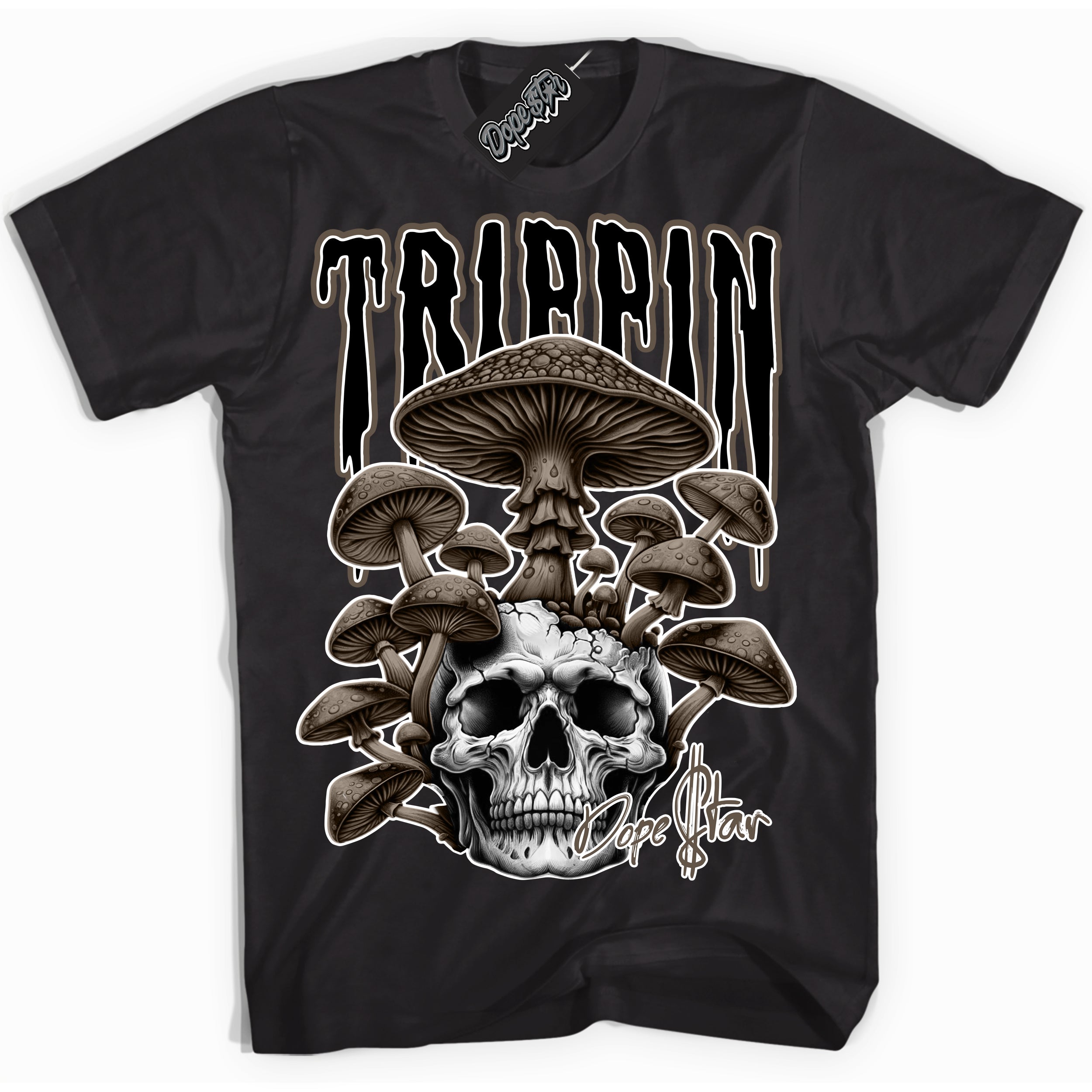 Cool Black Shirt with “Trippin” design that perfectly matches the Mocha Palomino 1s Jordans.