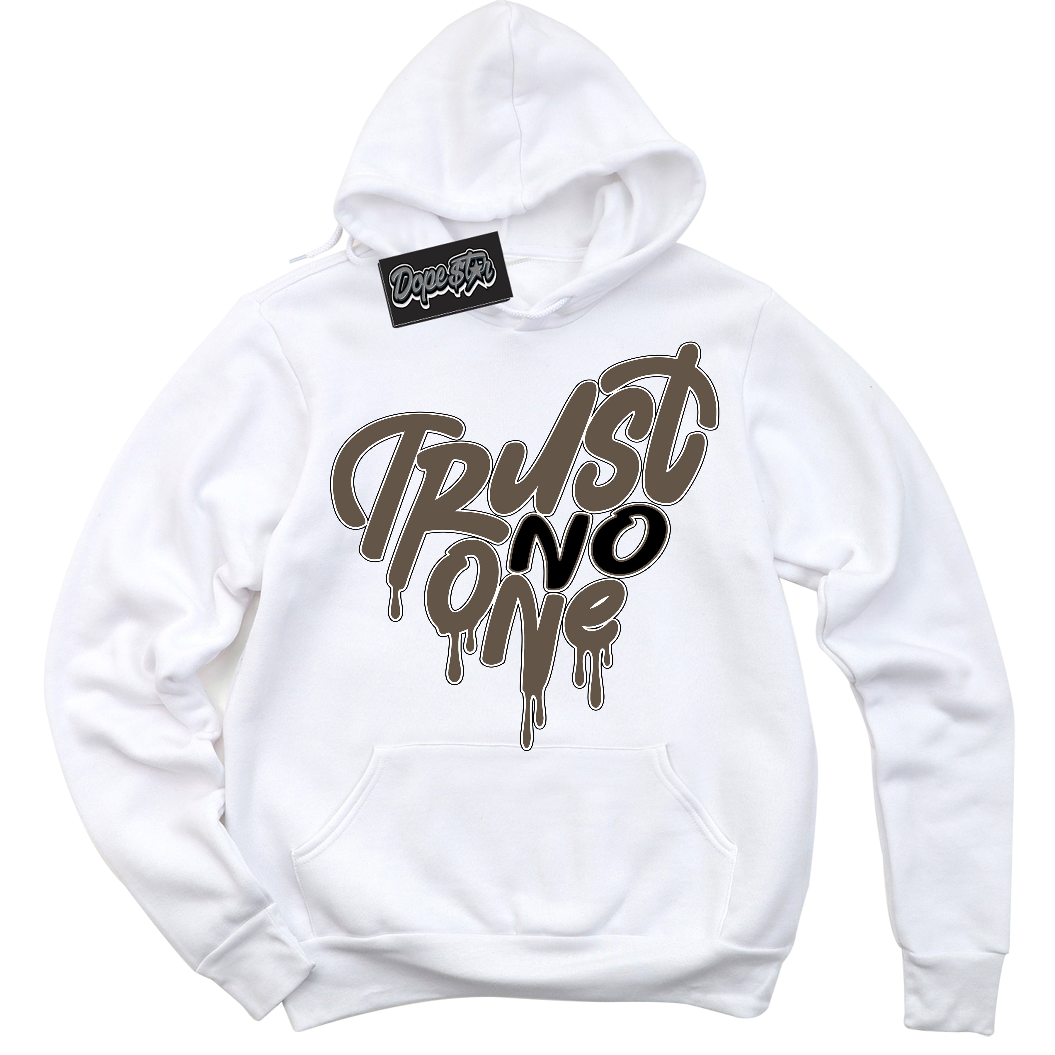 Cool White Hoodie with “Trust No One Heart” design that Perfectly Matches Mocha Palomino 1s Jordans.