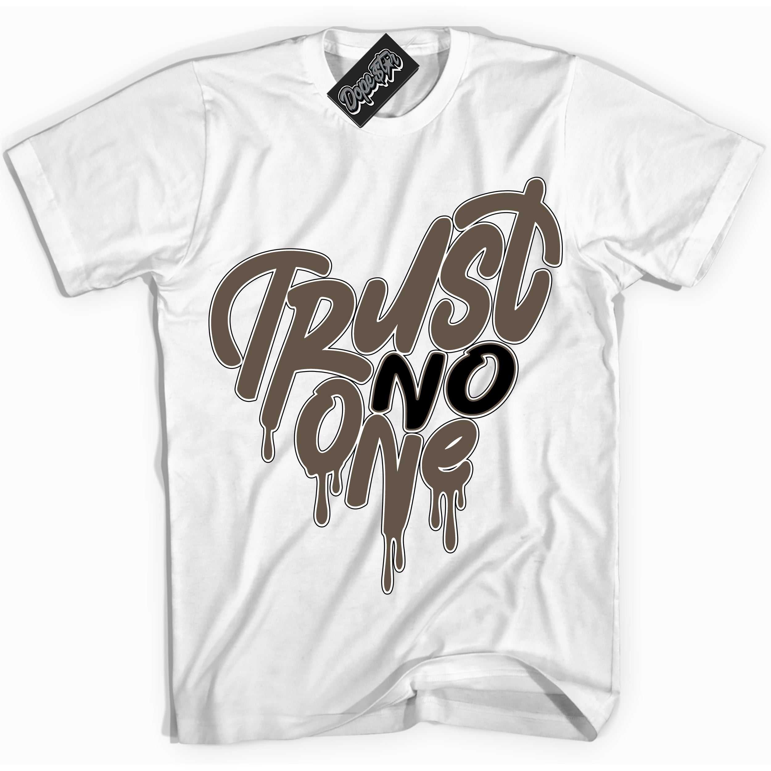 Cool White Shirt with “Trust No One Heart” design that perfectly matches the Mocha Palomino 1s Jordans.