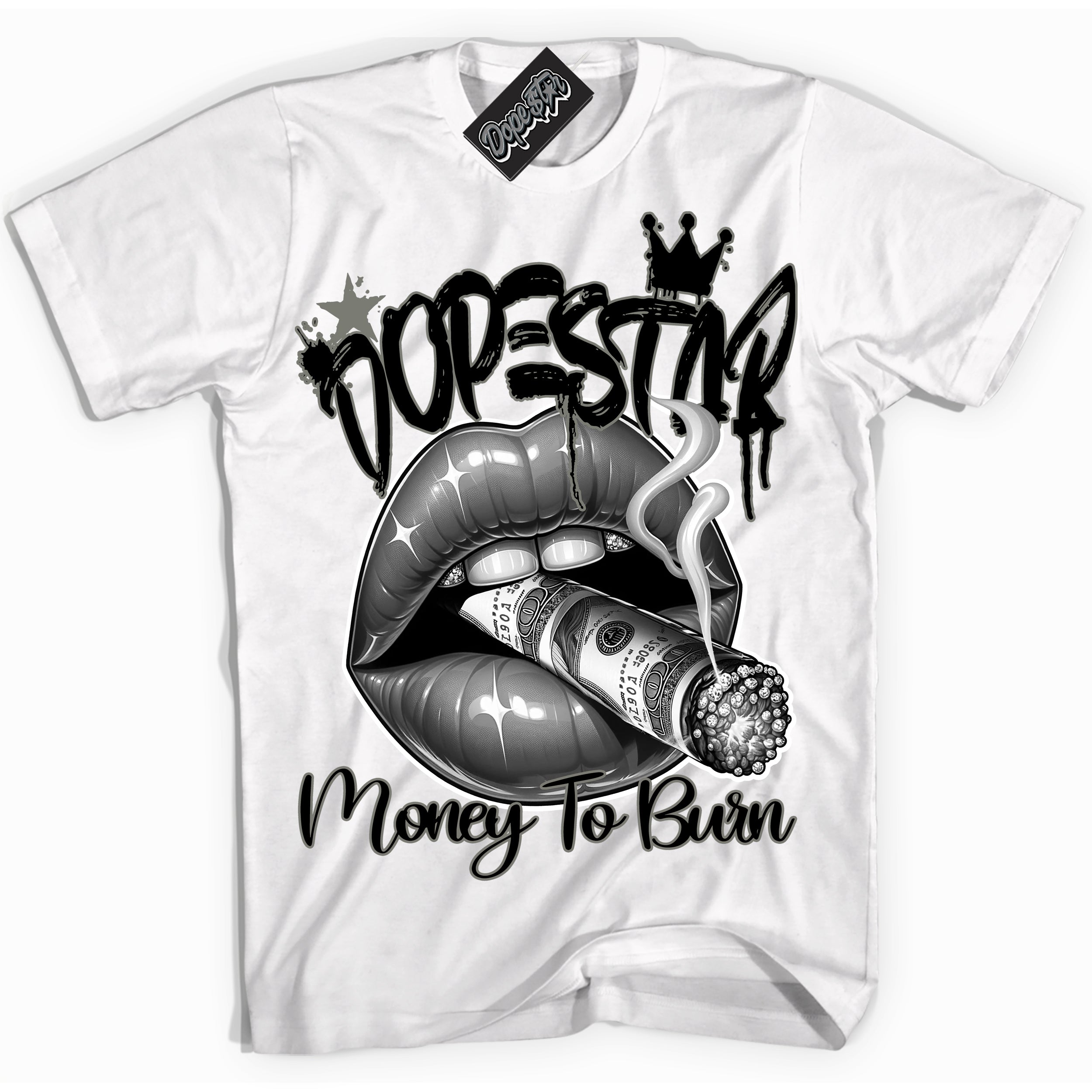 Cool White Shirt with “ Money To Burn” design that perfectly matches Shadow 1s Sneakers.