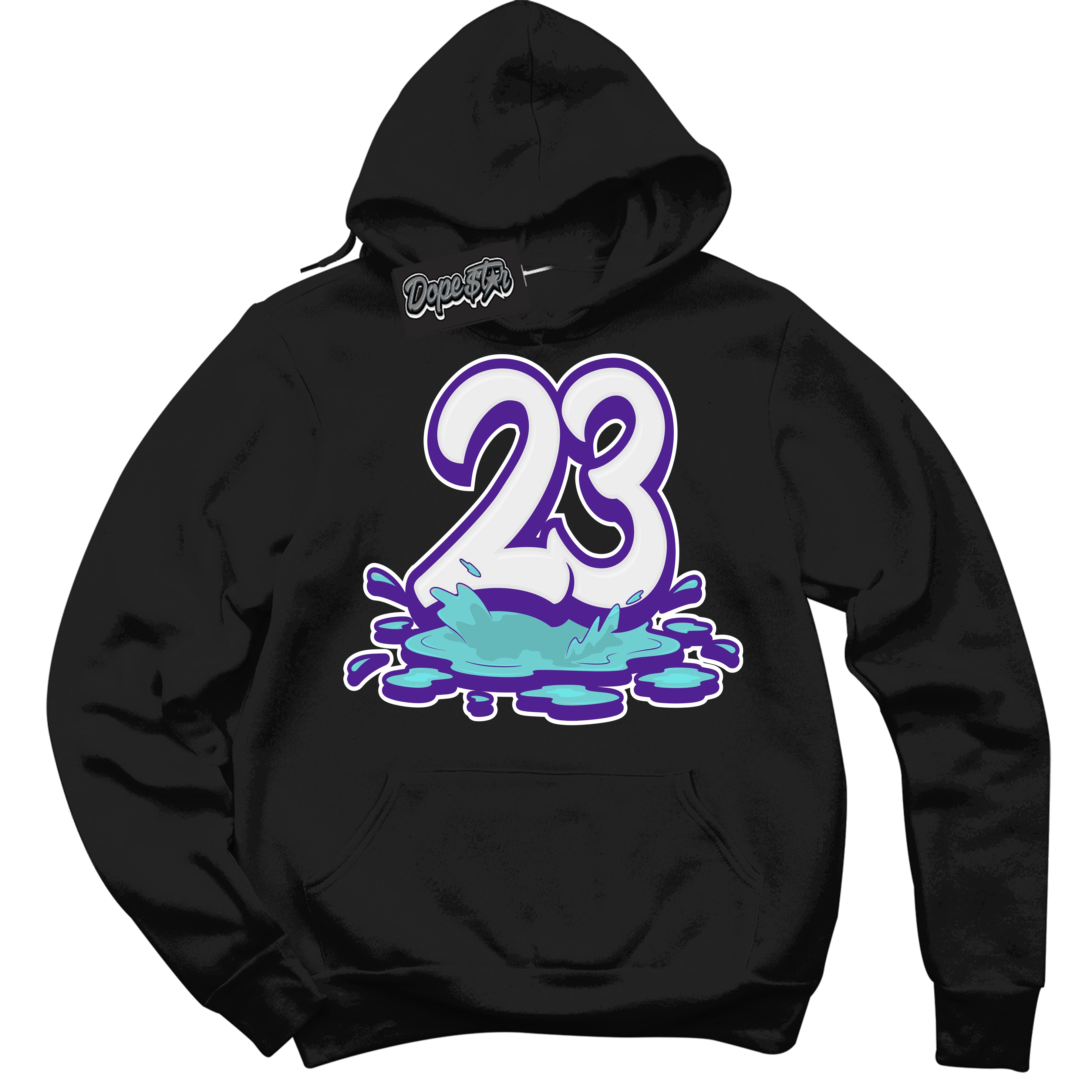 Cool Black Hoodie with “23 Melting” design that Perfectly Matches Psychic Purple Hyper Jade 1s Jordans.