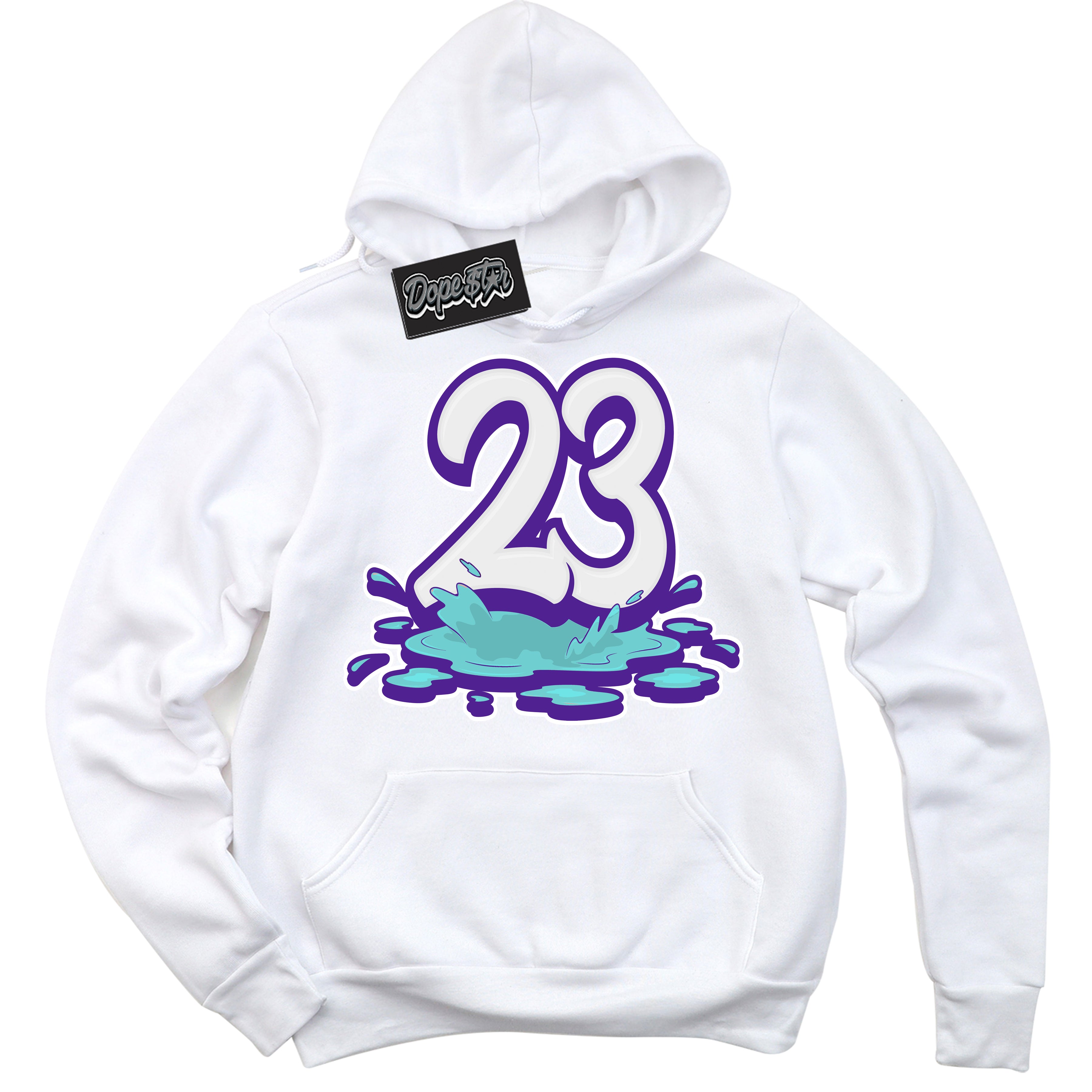 Cool White Hoodie with “23 Melting” design that Perfectly Matches Psychic Purple Hyper Jade 1s Jordans.