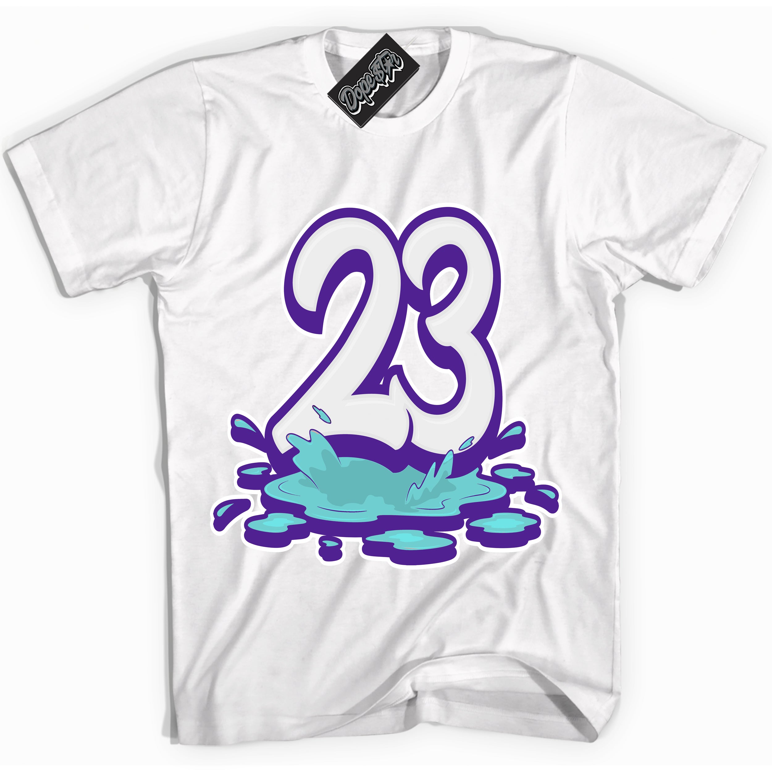 Cool White Shirt with “23 Melting” design that perfectly matches the Psychic Purple Hyper Jade 1s Jordans.