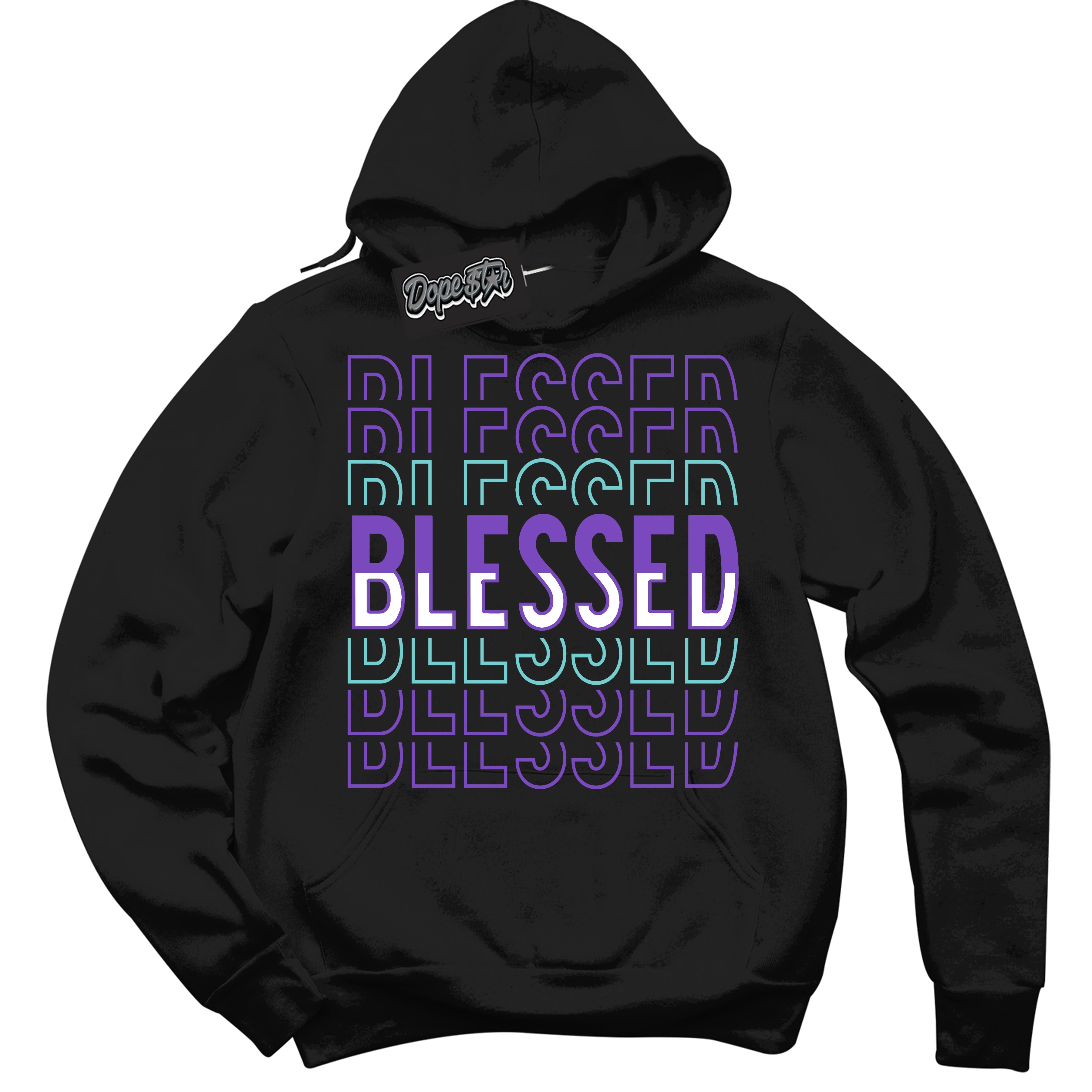 Cool Black Hoodie with “Blessed Stacked” design that Perfectly Matches Psychic Purple Hyper Jade 1s Jordans.