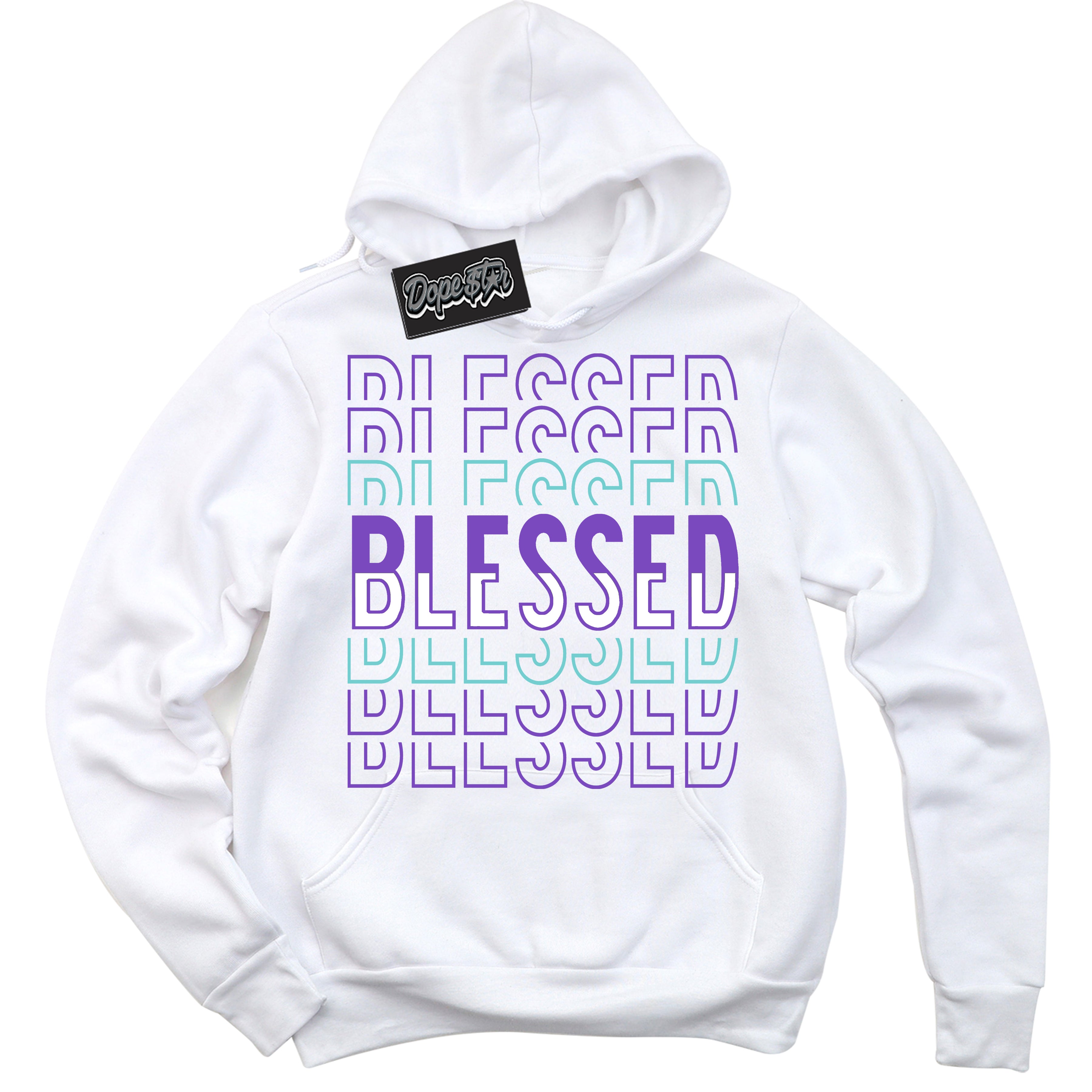 Cool White Hoodie with “Blessed Stacked” design that Perfectly Matches Psychic Purple Hyper Jade 1s Jordans.