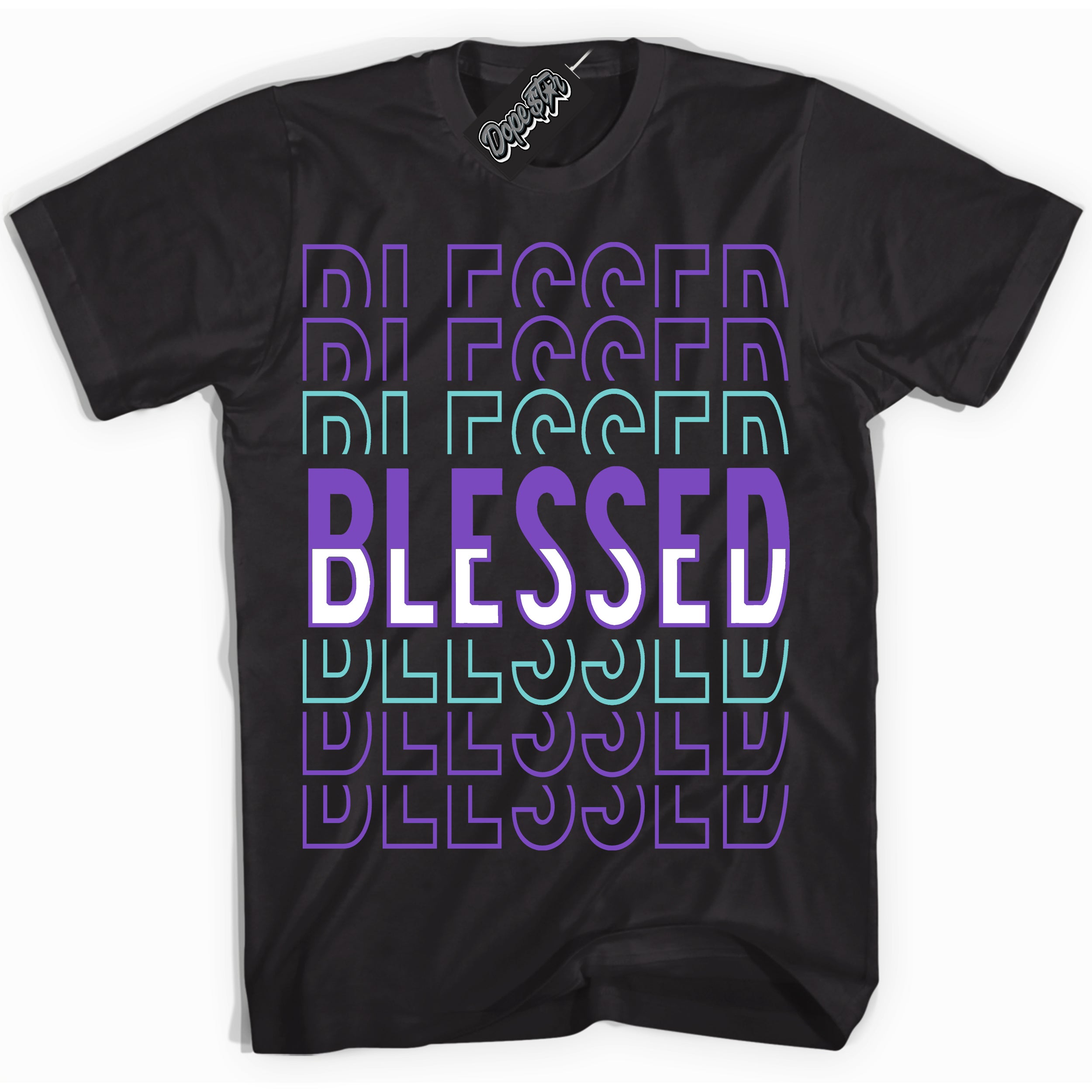 Cool Black Shirt with “Blessed Stacked” design that perfectly matches the Psychic Purple Hyper Jade 1s Jordans.