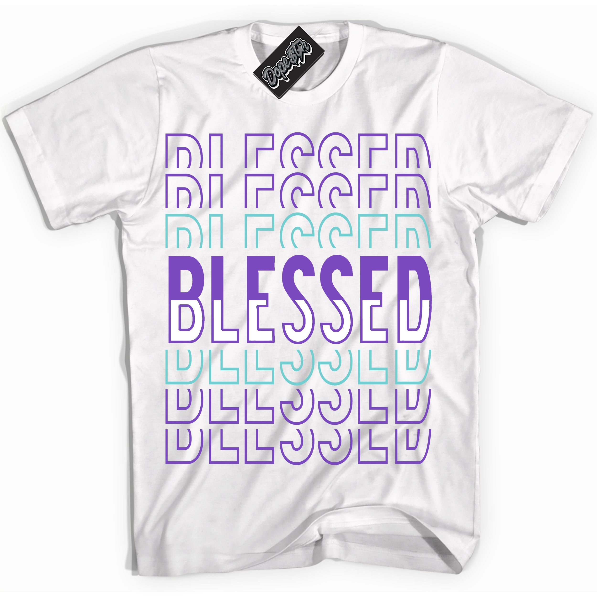 Cool White Shirt with “Blessed Stacked” design that perfectly matches the Psychic Purple Hyper Jade 1s Jordans.