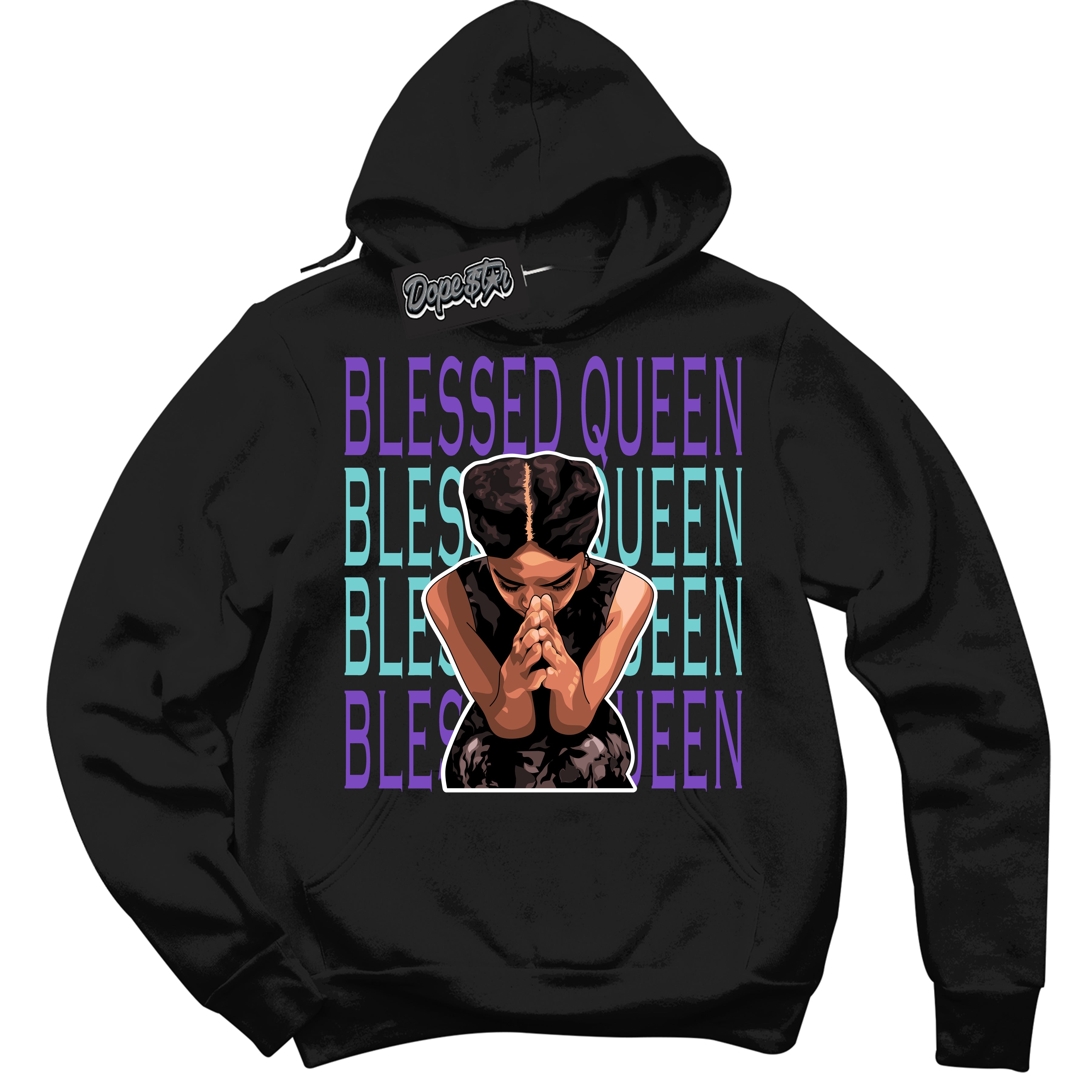 Cool Black Hoodie with “Blessed Queen” design that Perfectly Matches Psychic Purple Hyper Jade 1s Jordans.