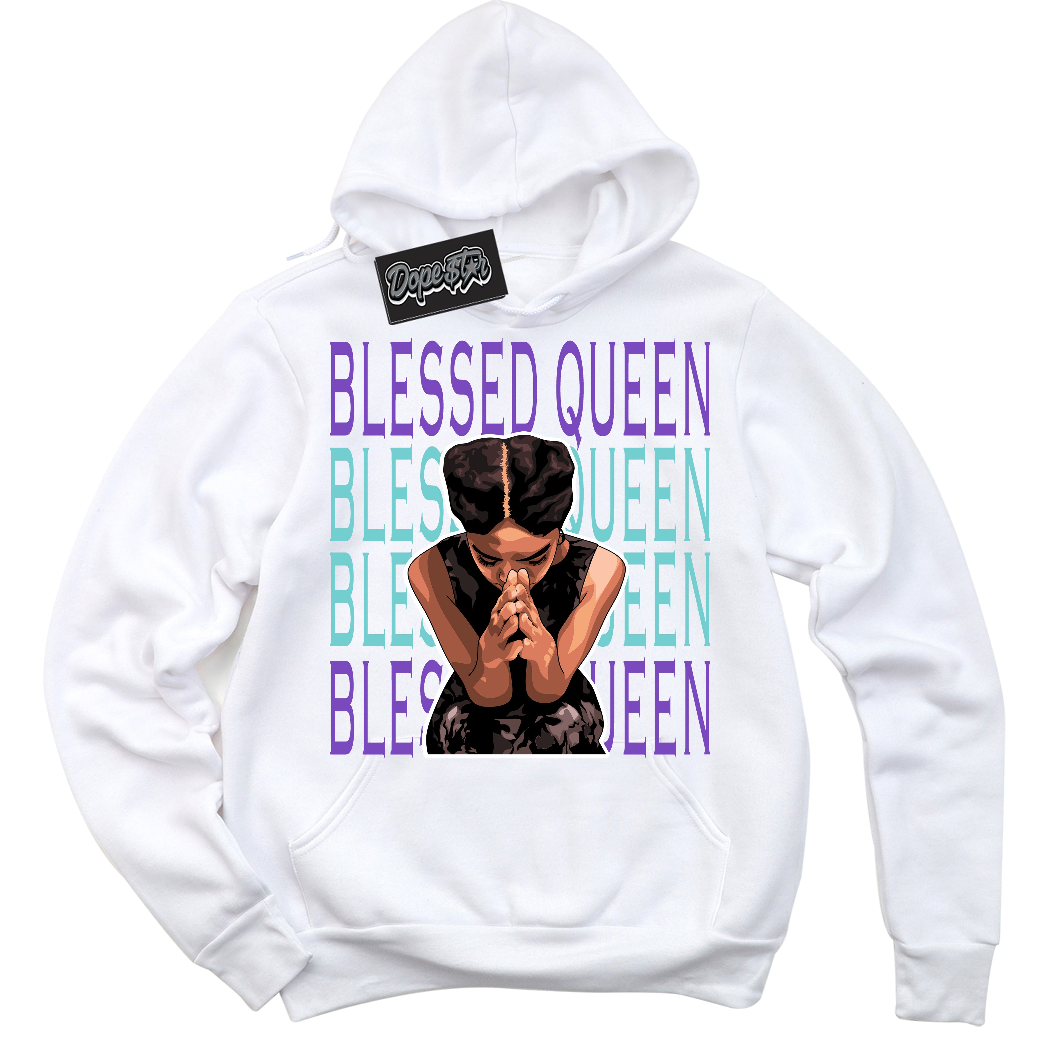 Cool White Hoodie with “Blessed Queen” design that Perfectly Matches Psychic Purple Hyper Jade 1s Jordans.