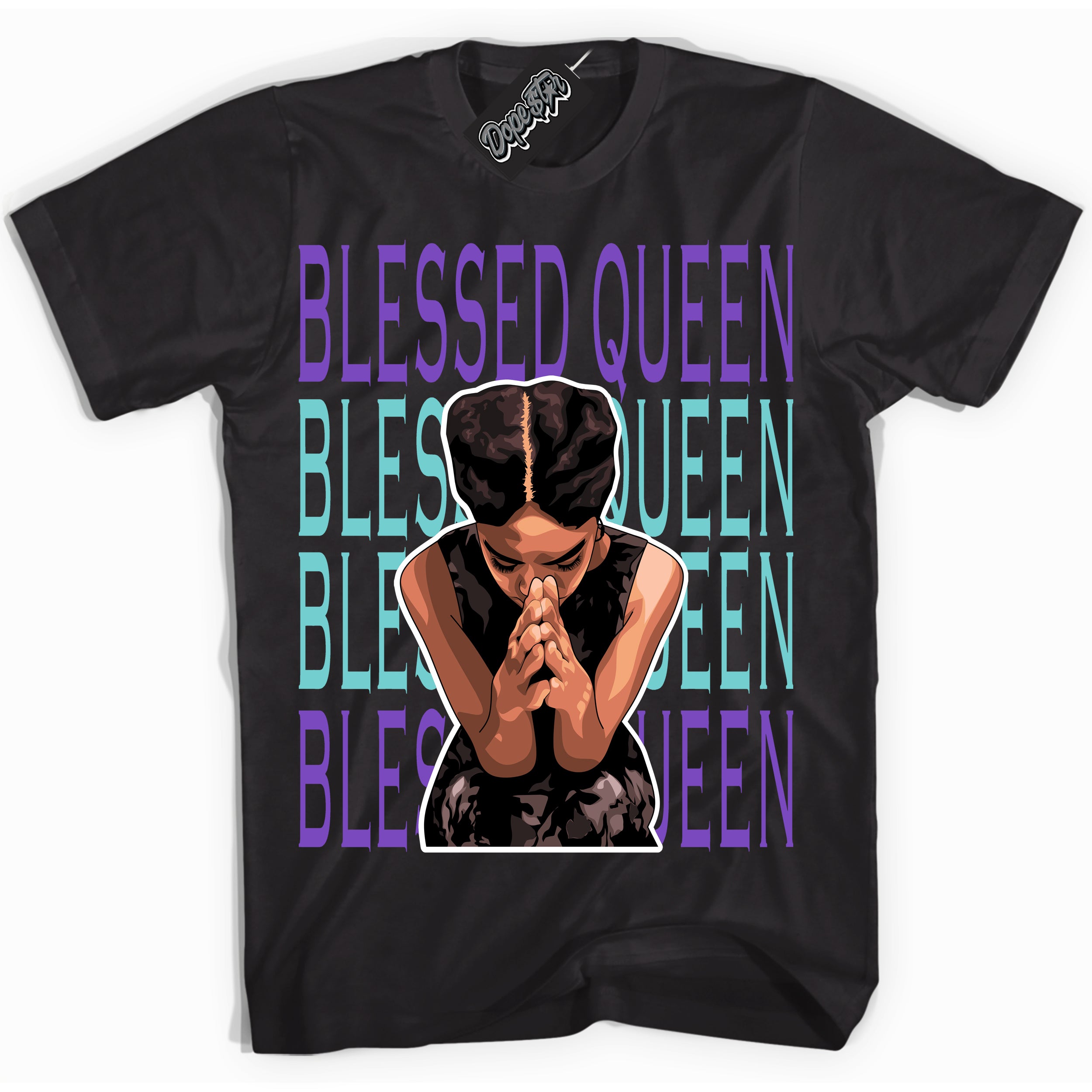 Cool Black Shirt with “Blessed Queen” design that perfectly matches the Psychic Purple Hyper Jade 1s Jordans.