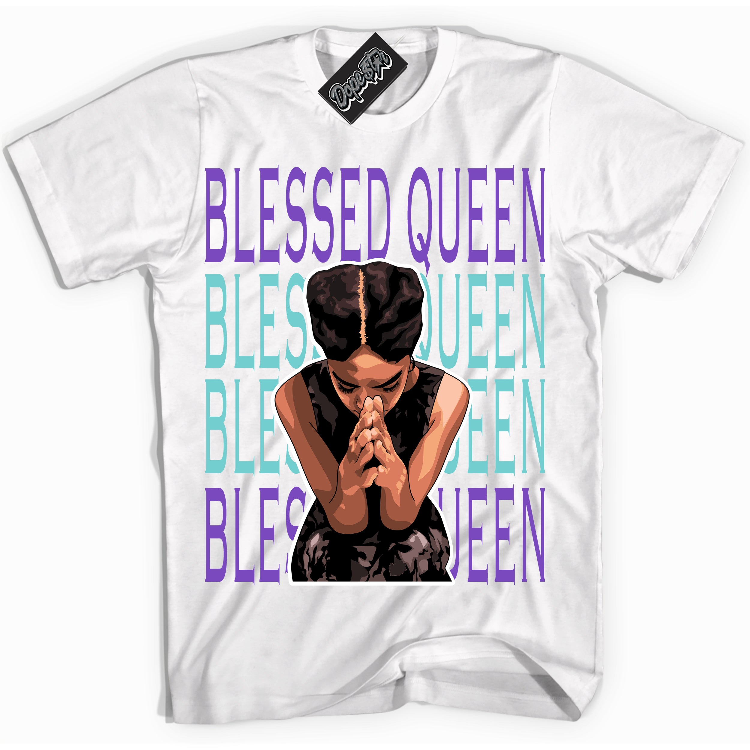 Cool White Shirt with “Blessed Queen” design that perfectly matches the Psychic Purple Hyper Jade 1s Jordans.