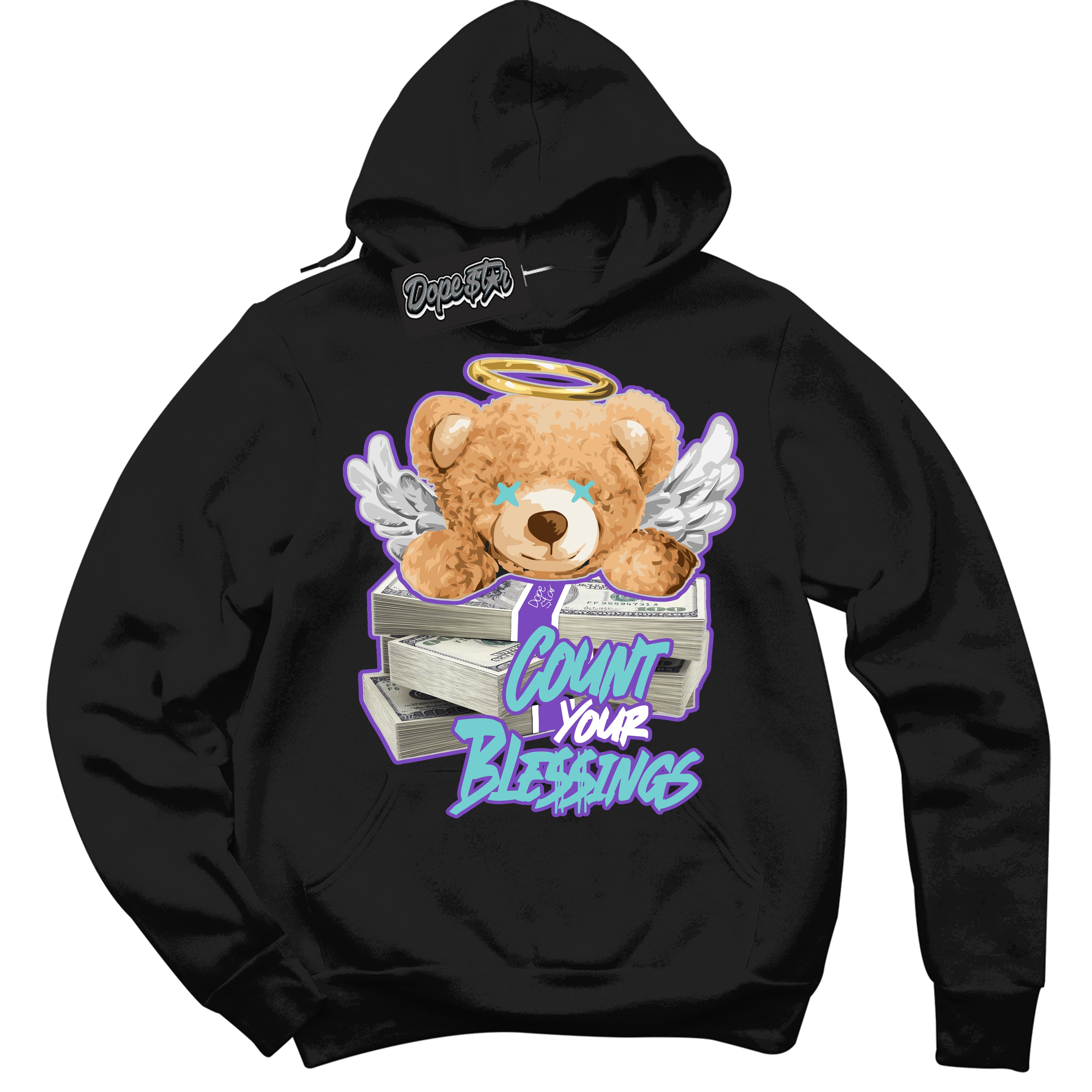 Cool Black Hoodie with “Count Your Blessings” design that Perfectly Matches Psychic Purple Hyper Jade 1s Jordans.