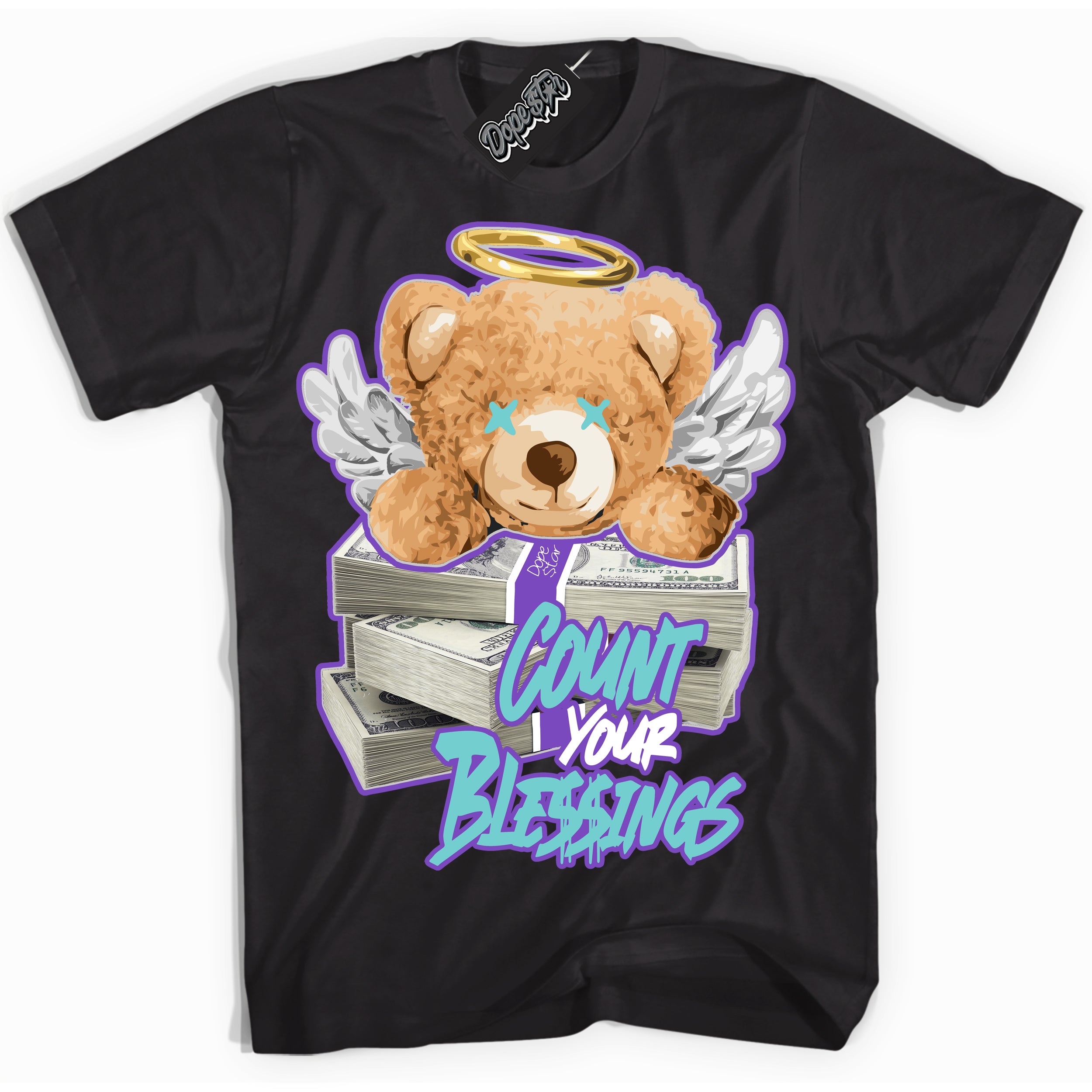 Cool Black Shirt with “Count Your Blessings” design that perfectly matches the Psychic Purple Hyper Jade 1s Jordans.