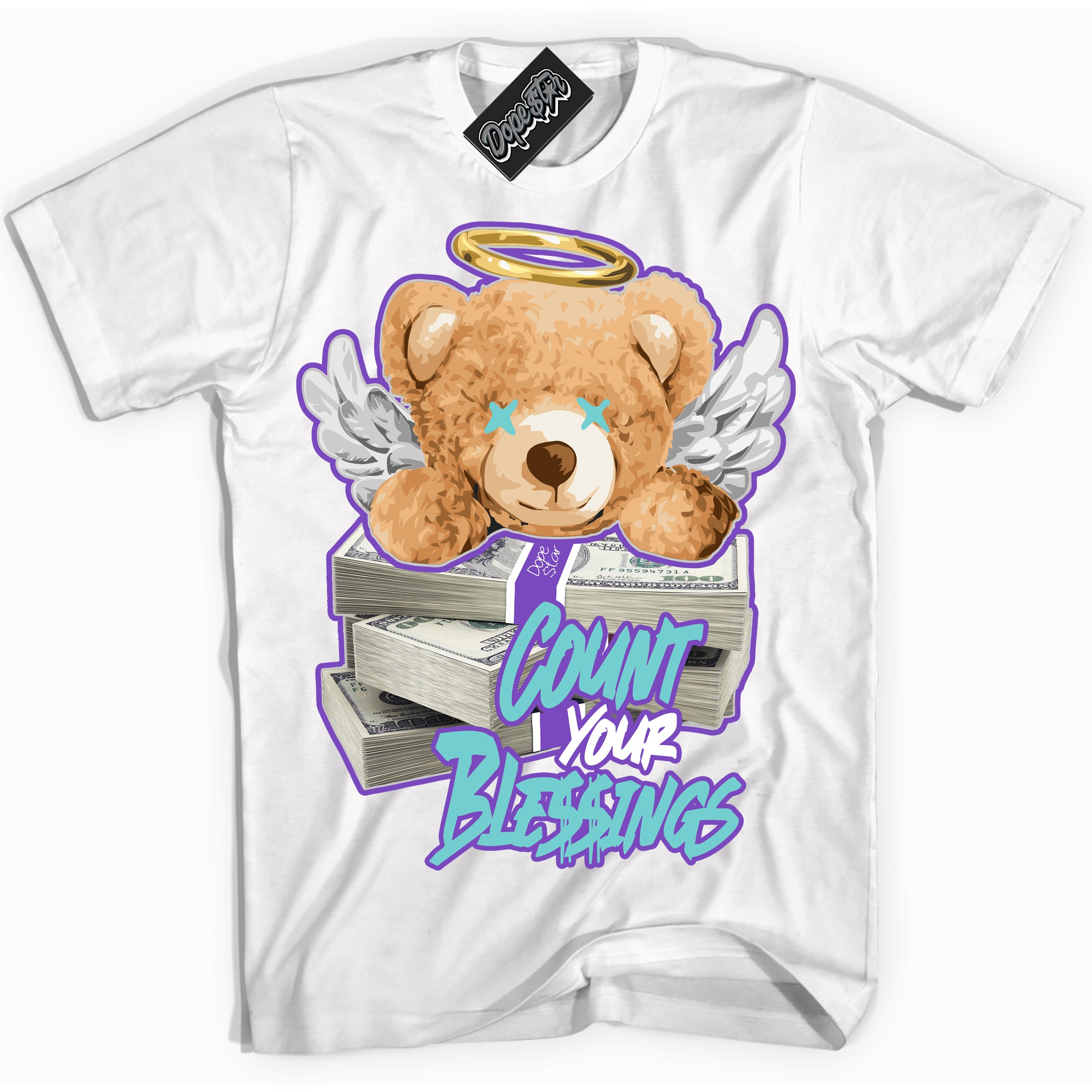 Cool White Shirt with “Count Your Blessings” design that perfectly matches the Psychic Purple Hyper Jade 1s Jordans.