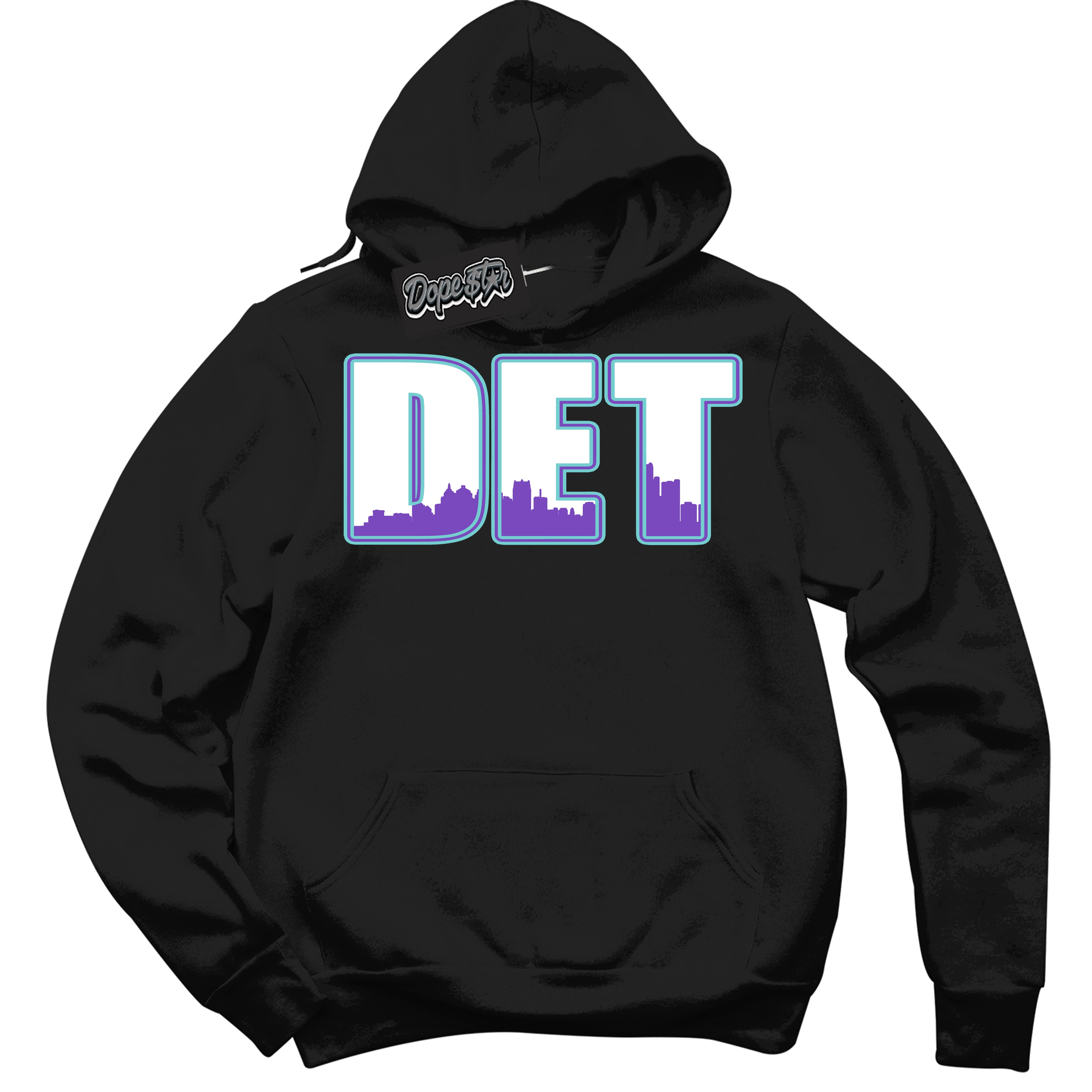 Cool Black Hoodie with “Detroit” design that Perfectly Matches Psychic Purple Hyper Jade 1s Jordans.