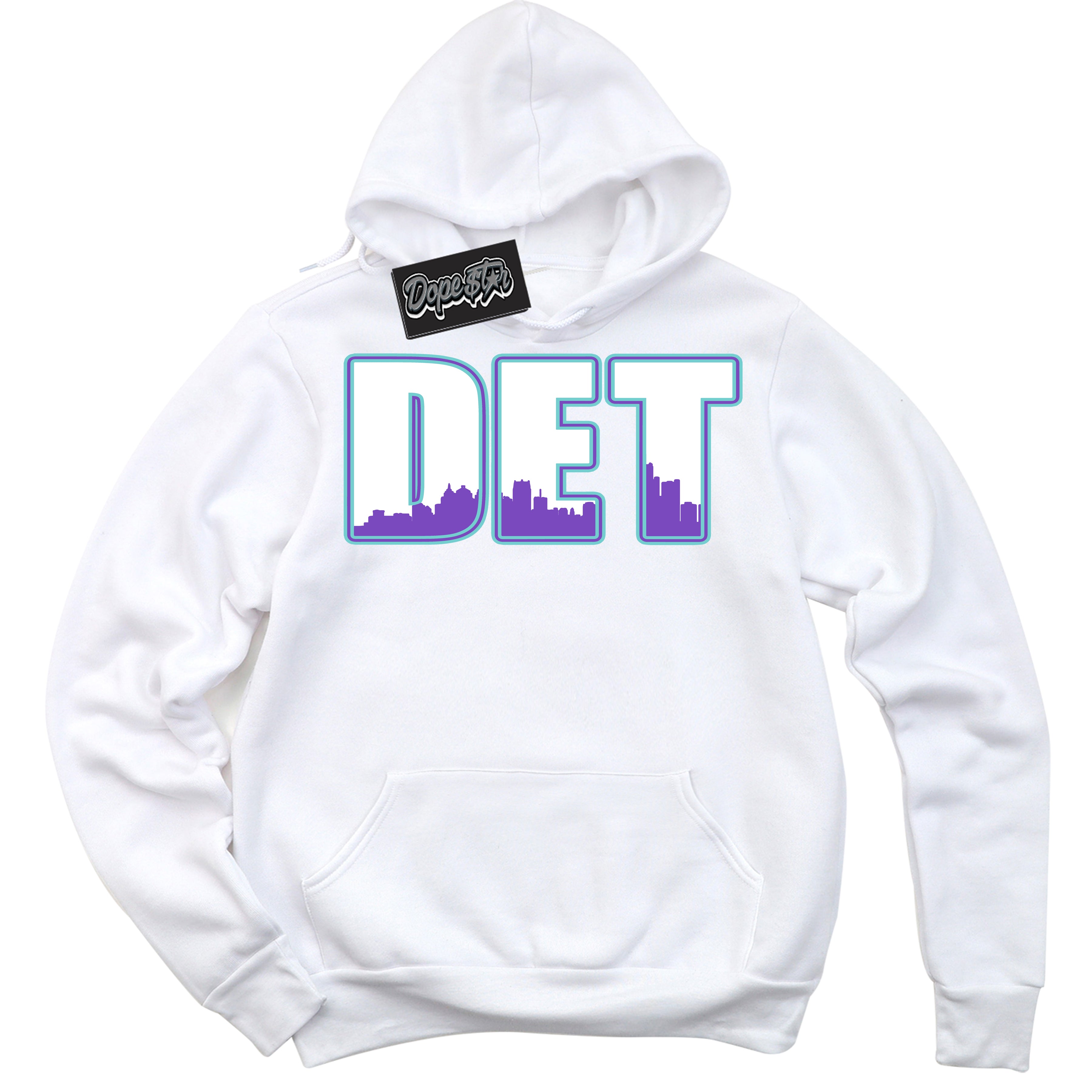 Cool White Hoodie with “Detroit” design that Perfectly Matches Psychic Purple Hyper Jade 1s Jordans.