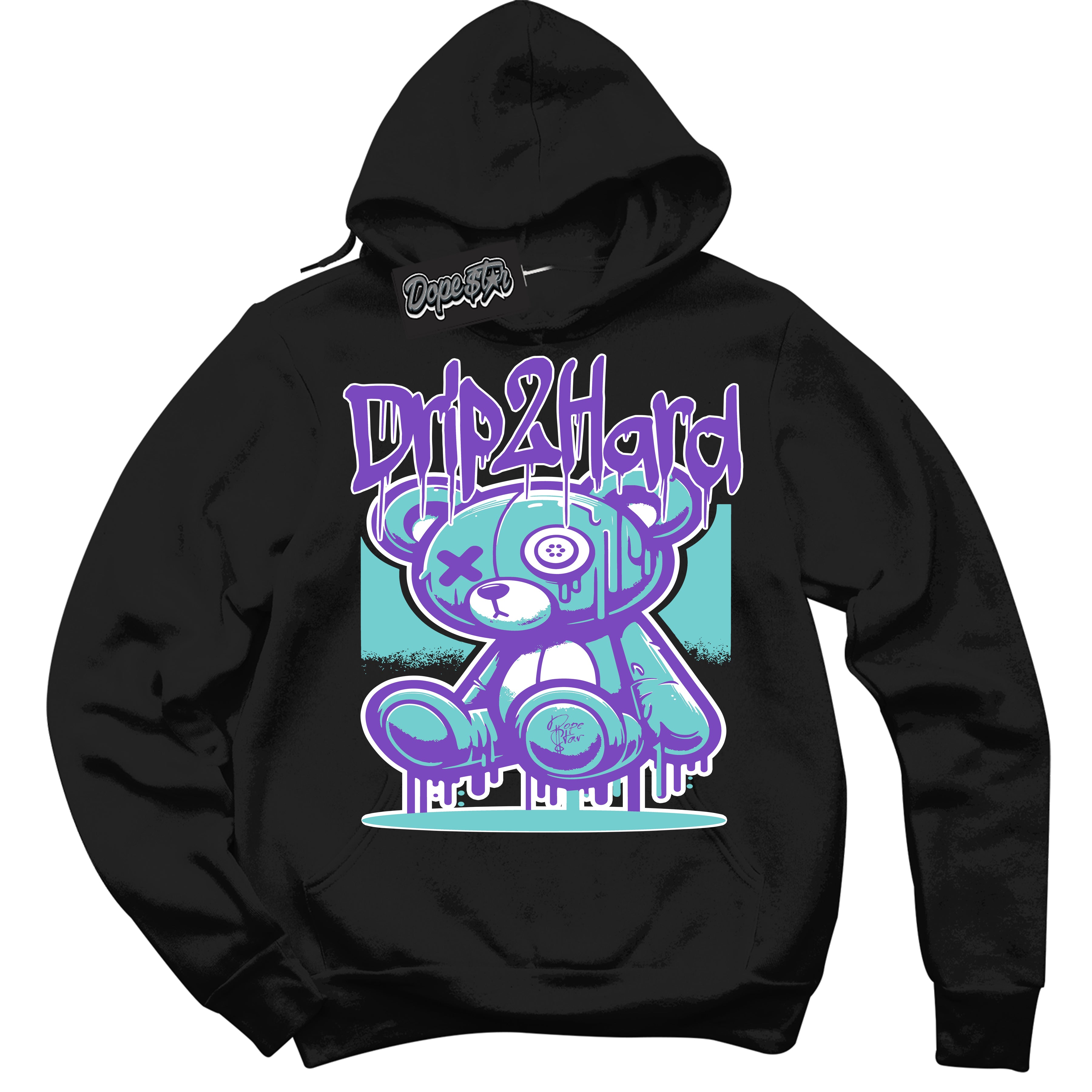 Cool Black Hoodie with “Drip 2 Hard” design that Perfectly Matches Psychic Purple Hyper Jade 1s Jordans.