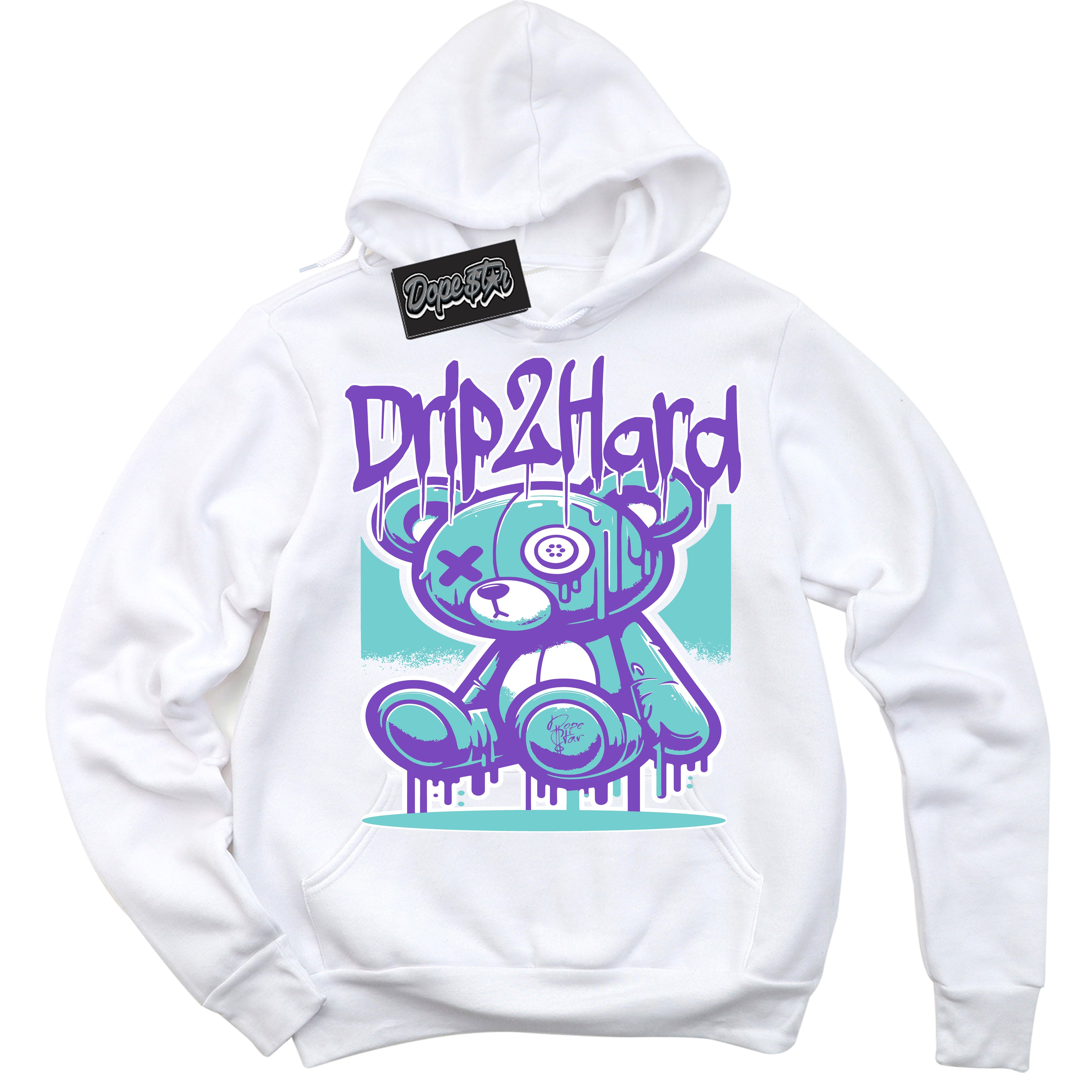 Cool White Hoodie with “Drip 2 Hard” design that Perfectly Matches Psychic Purple Hyper Jade 1s Jordans.