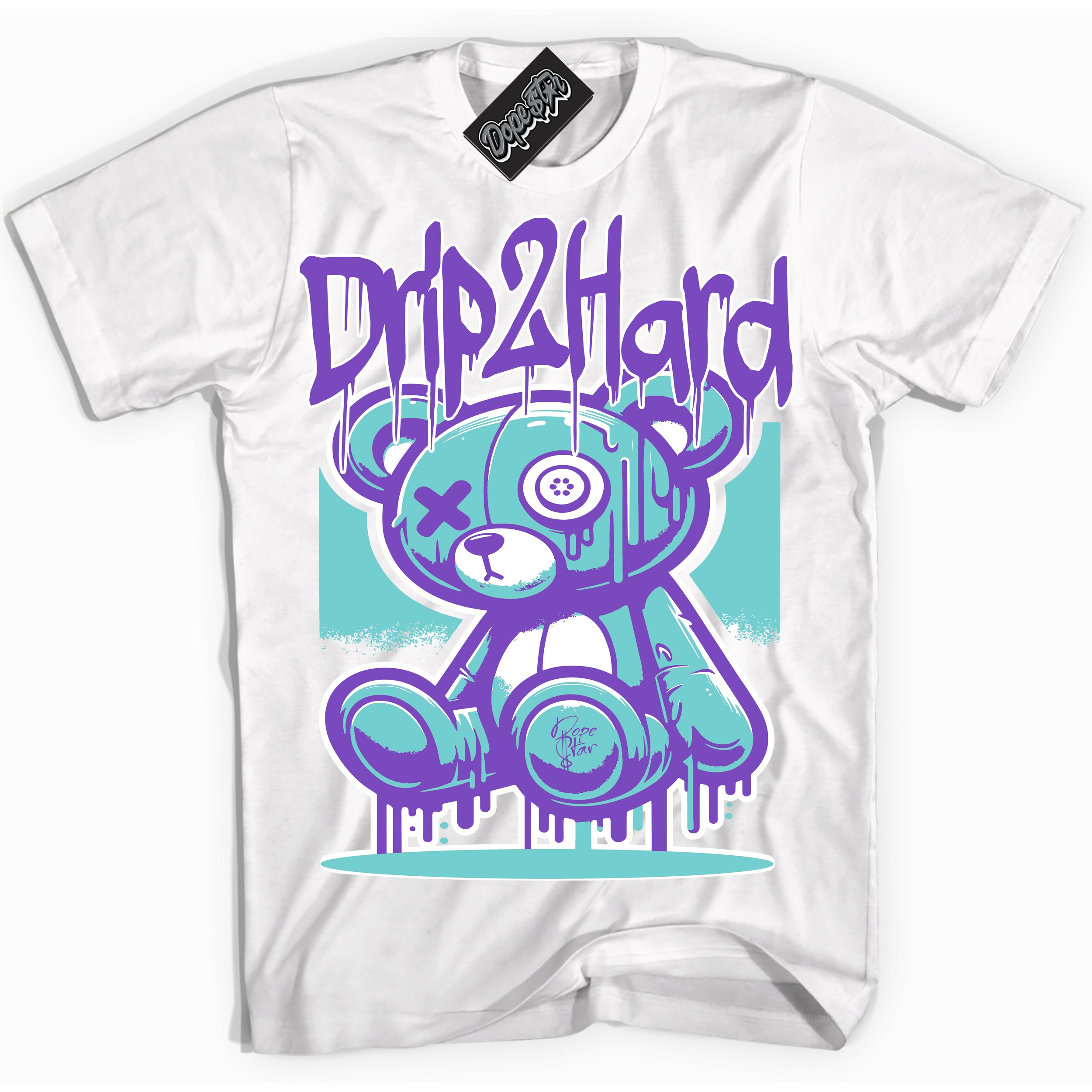 Cool White Shirt with “Drip 2 Hard” design that perfectly matches the Psychic Purple Hyper Jade 1s Jordans.