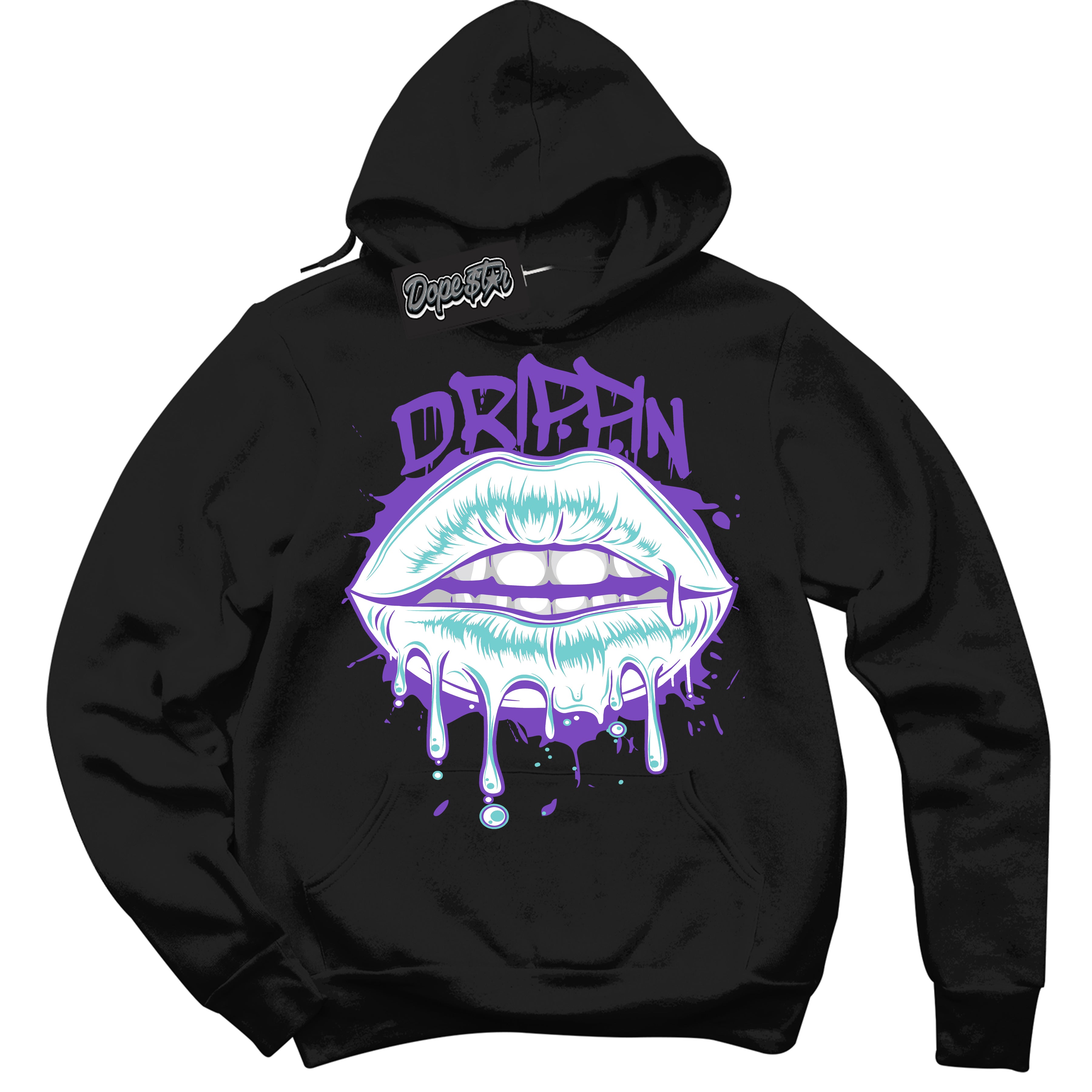 Cool Black Hoodie with “Drippin” design that Perfectly Matches Psychic Purple Hyper Jade 1s Jordans.