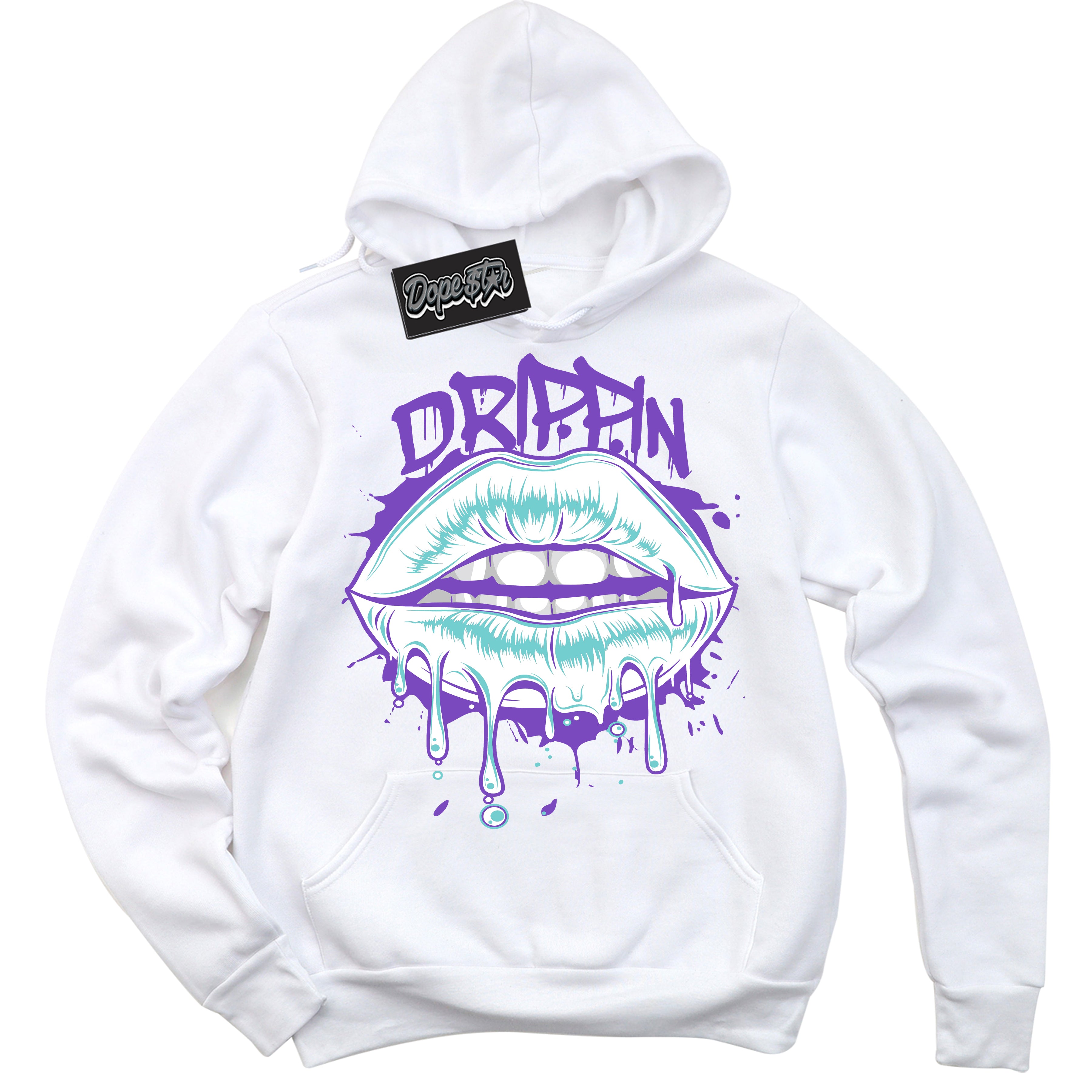 Cool White Hoodie with “Drippin” design that Perfectly Matches Psychic Purple Hyper Jade 1s Jordans.