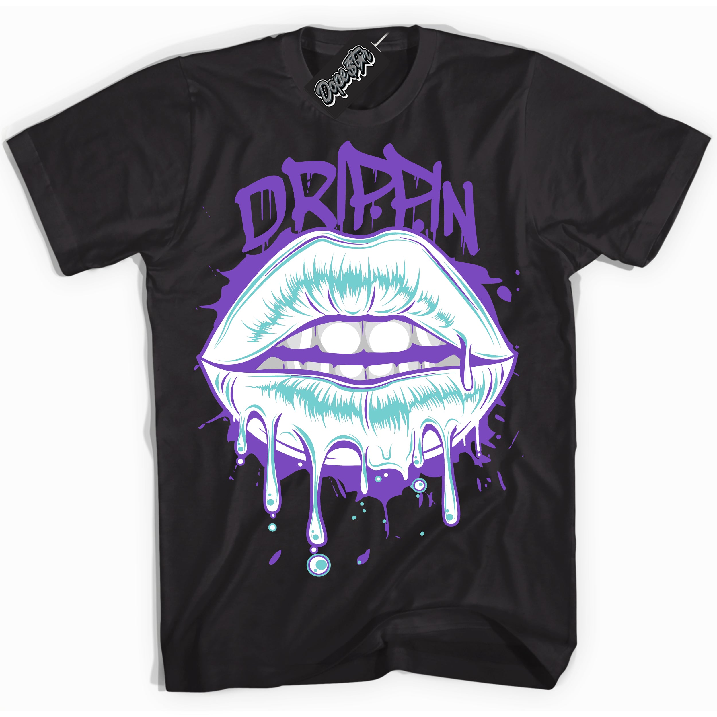 Cool Black Shirt with “Drippin” design that perfectly matches the Psychic Purple Hyper Jade 1s Jordans.