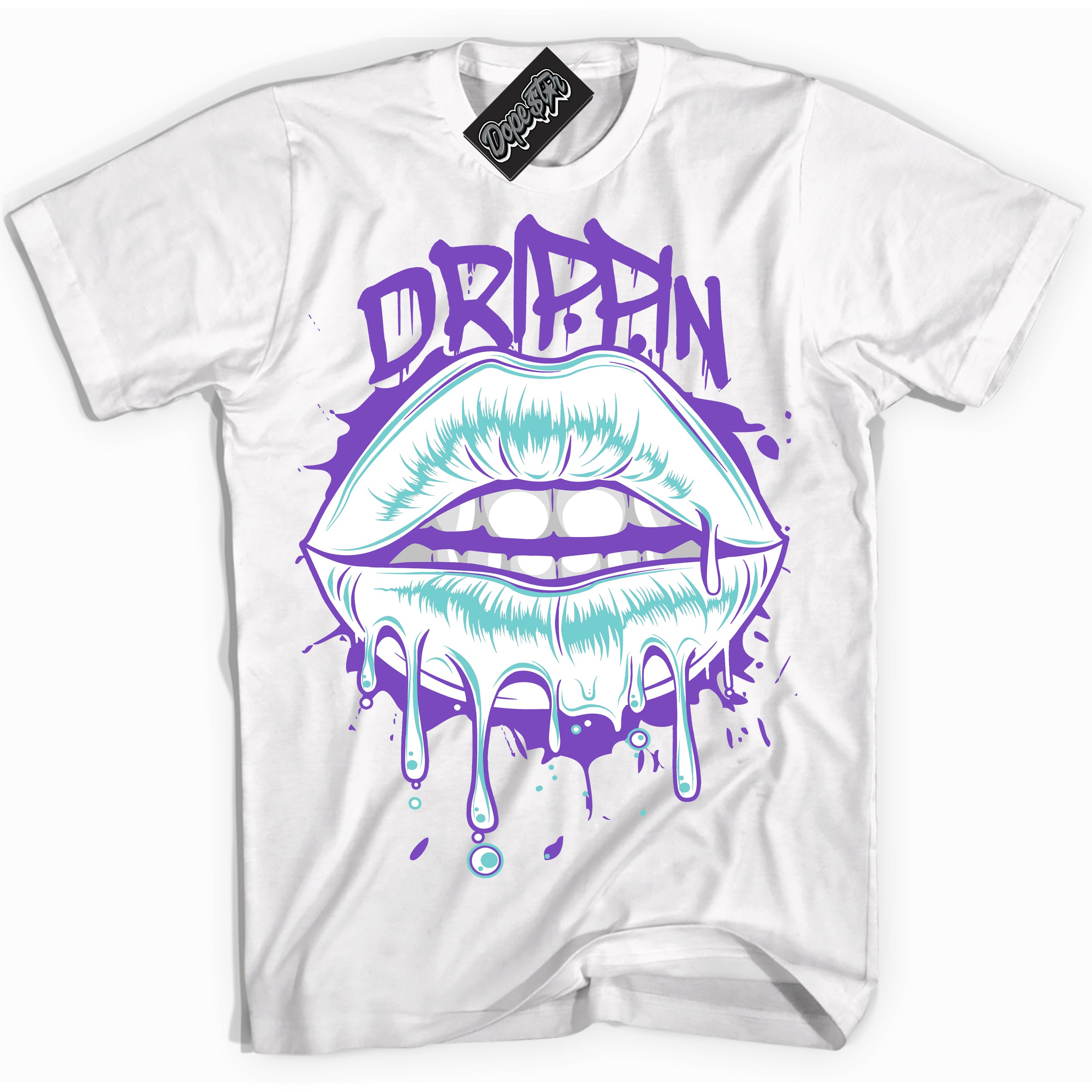 Cool White Shirt with “Drippin” design that perfectly matches the Psychic Purple Hyper Jade 1s Jordans.