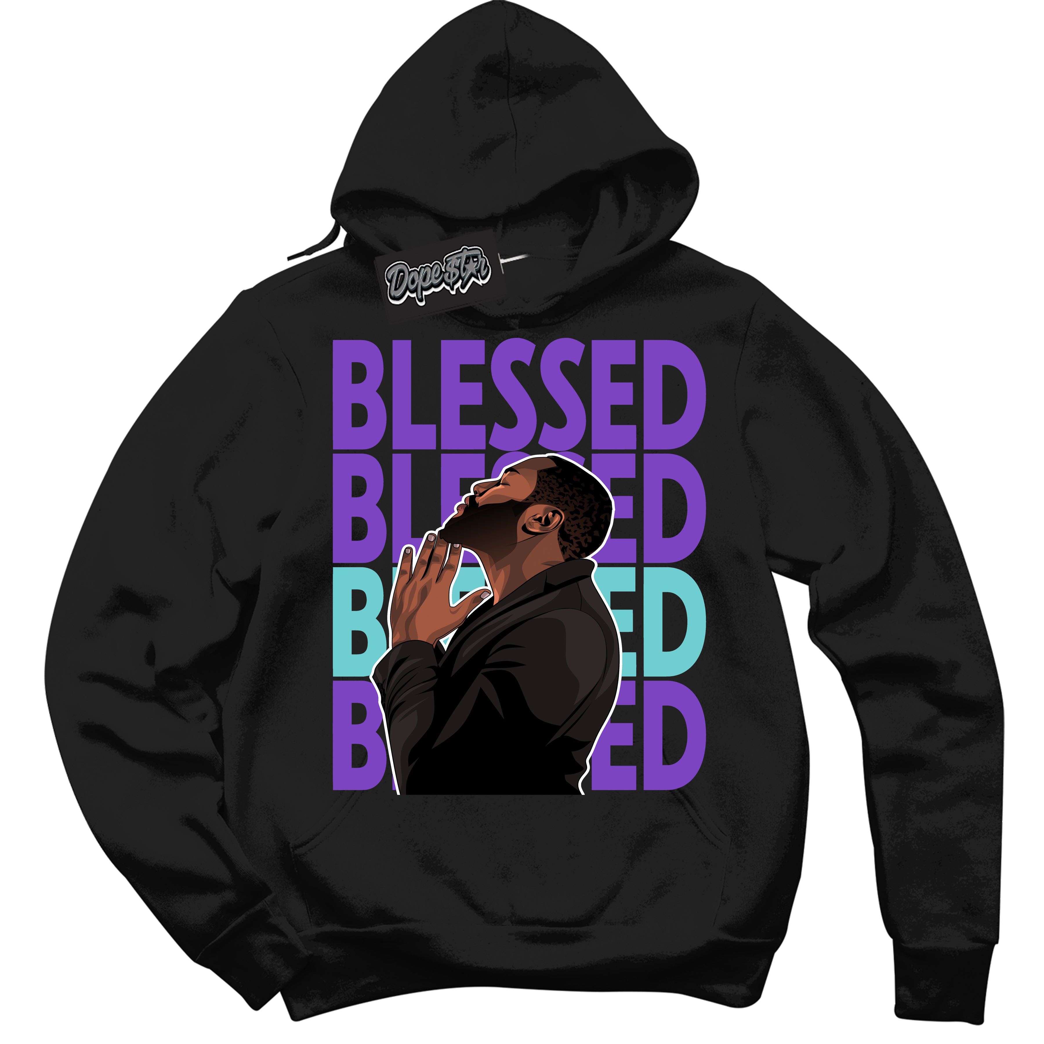 Cool Black Hoodie with “God Blessed” design that Perfectly Matches Psychic Purple Hyper Jade 1s Jordans.