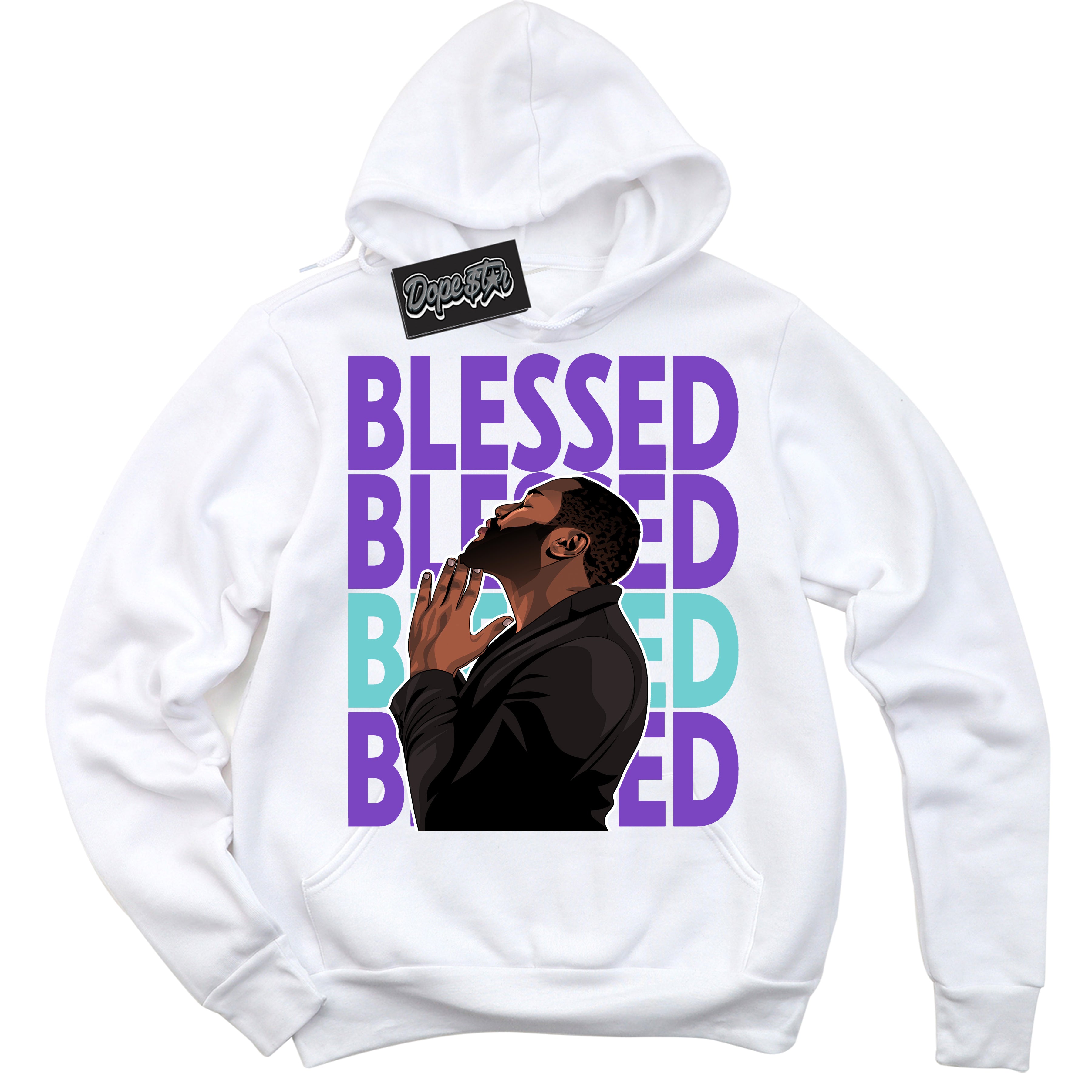 Cool White Hoodie with “God Blessed” design that Perfectly Matches Psychic Purple Hyper Jade 1s Jordans.