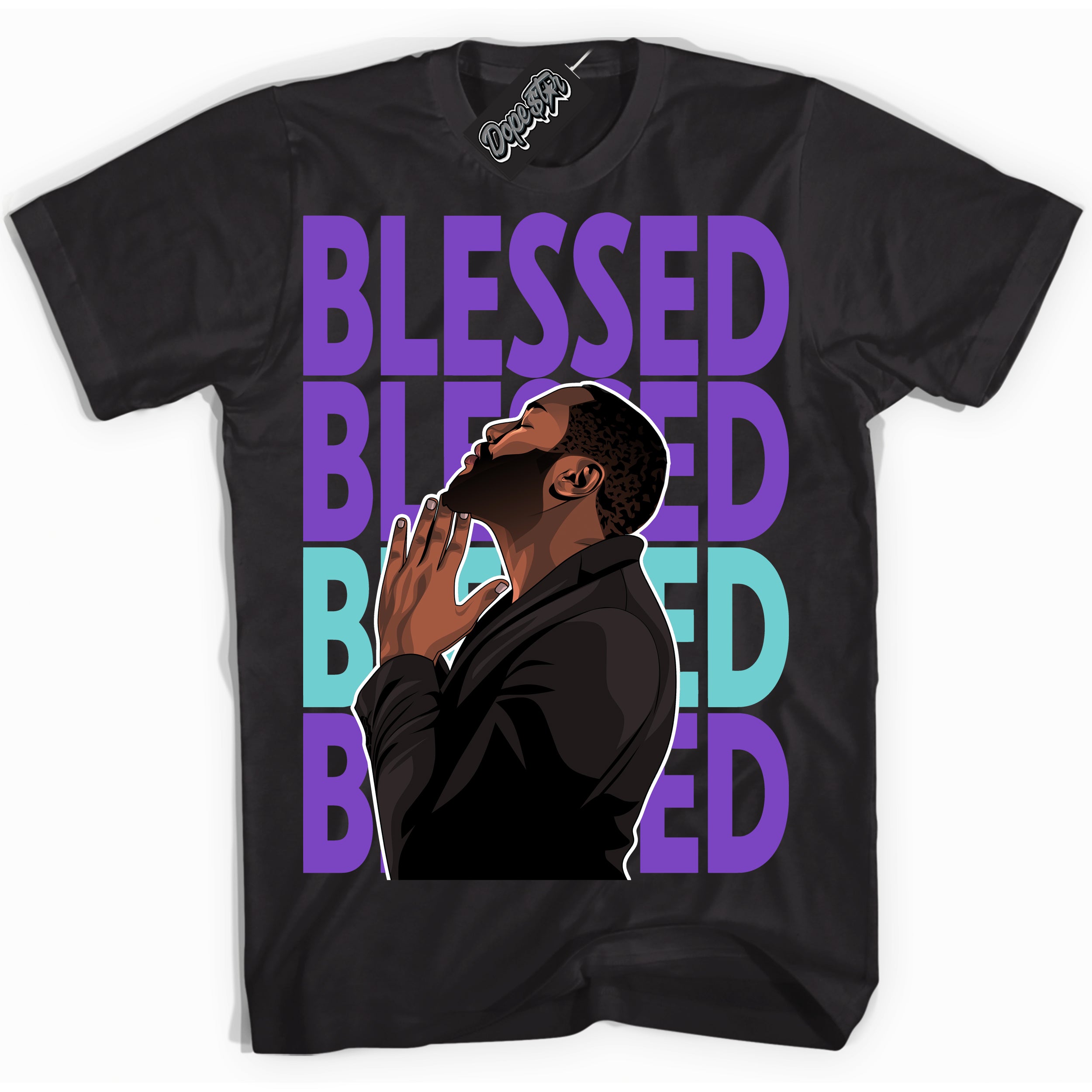 Cool Black Shirt with “God Blessed” design that perfectly matches the Psychic Purple Hyper Jade 1s Jordans.