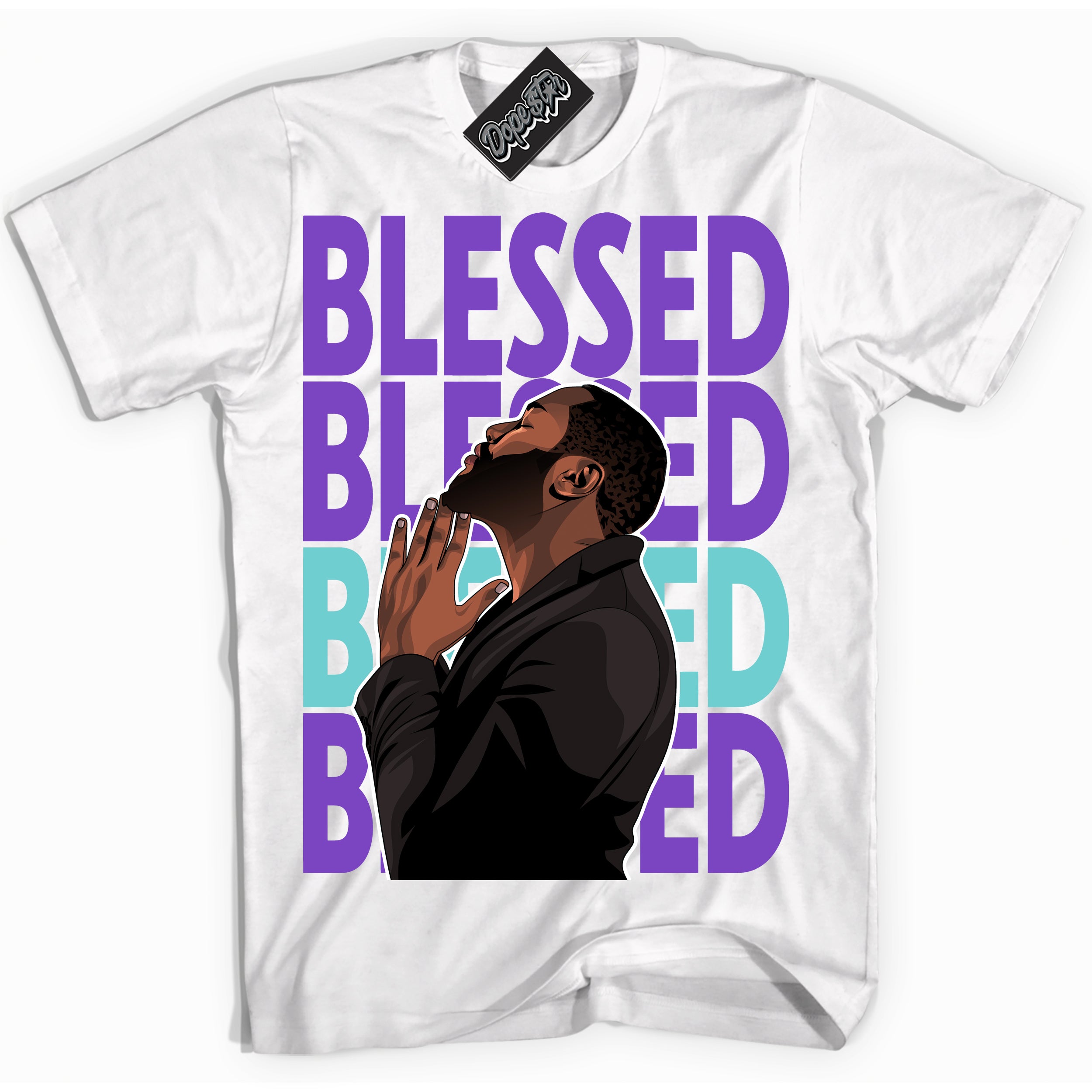 Cool White Shirt with “God Blessed” design that perfectly matches the Psychic Purple Hyper Jade 1s Jordans.