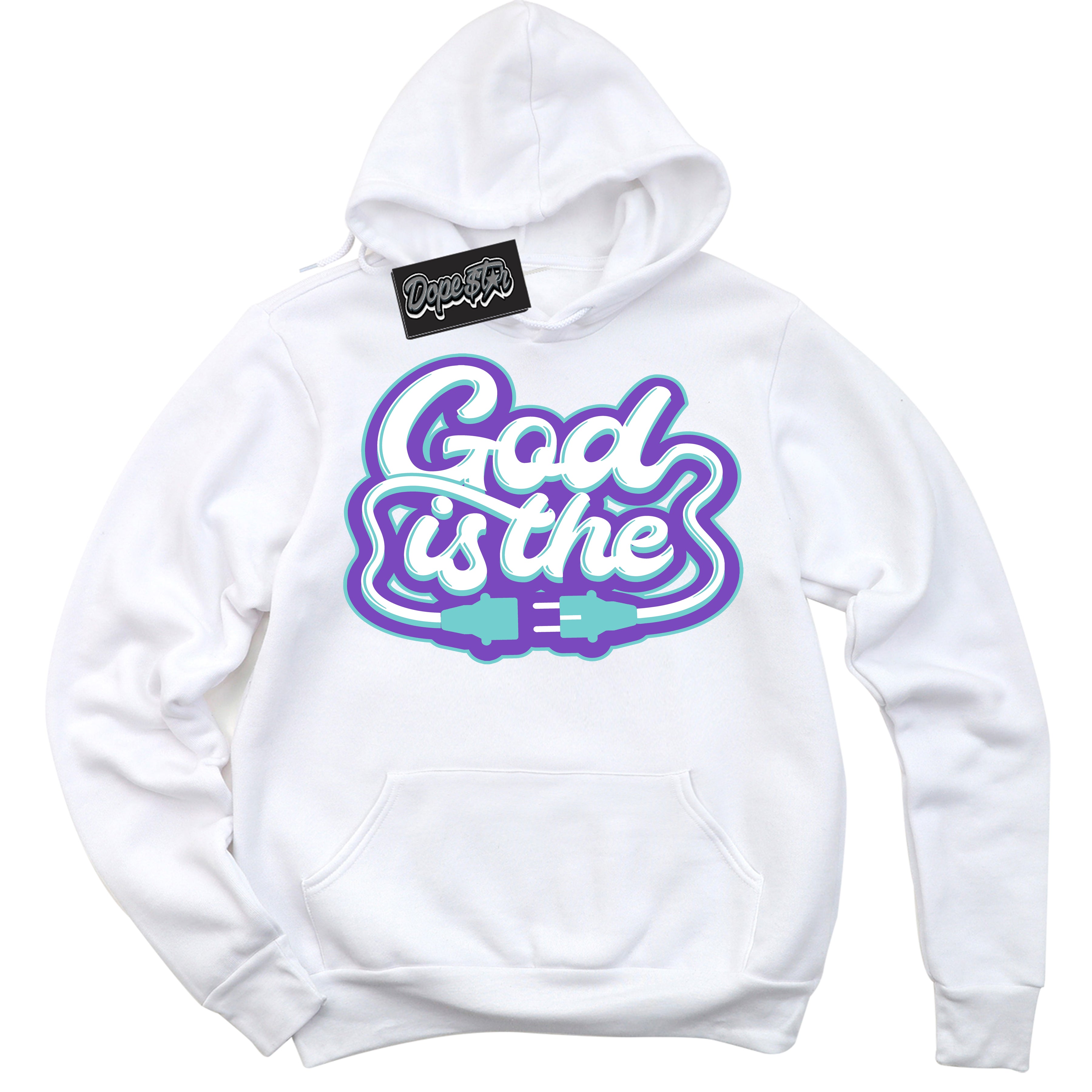 Cool White Hoodie with “God Is The” design that Perfectly Matches Psychic Purple Hyper Jade 1s Jordans.