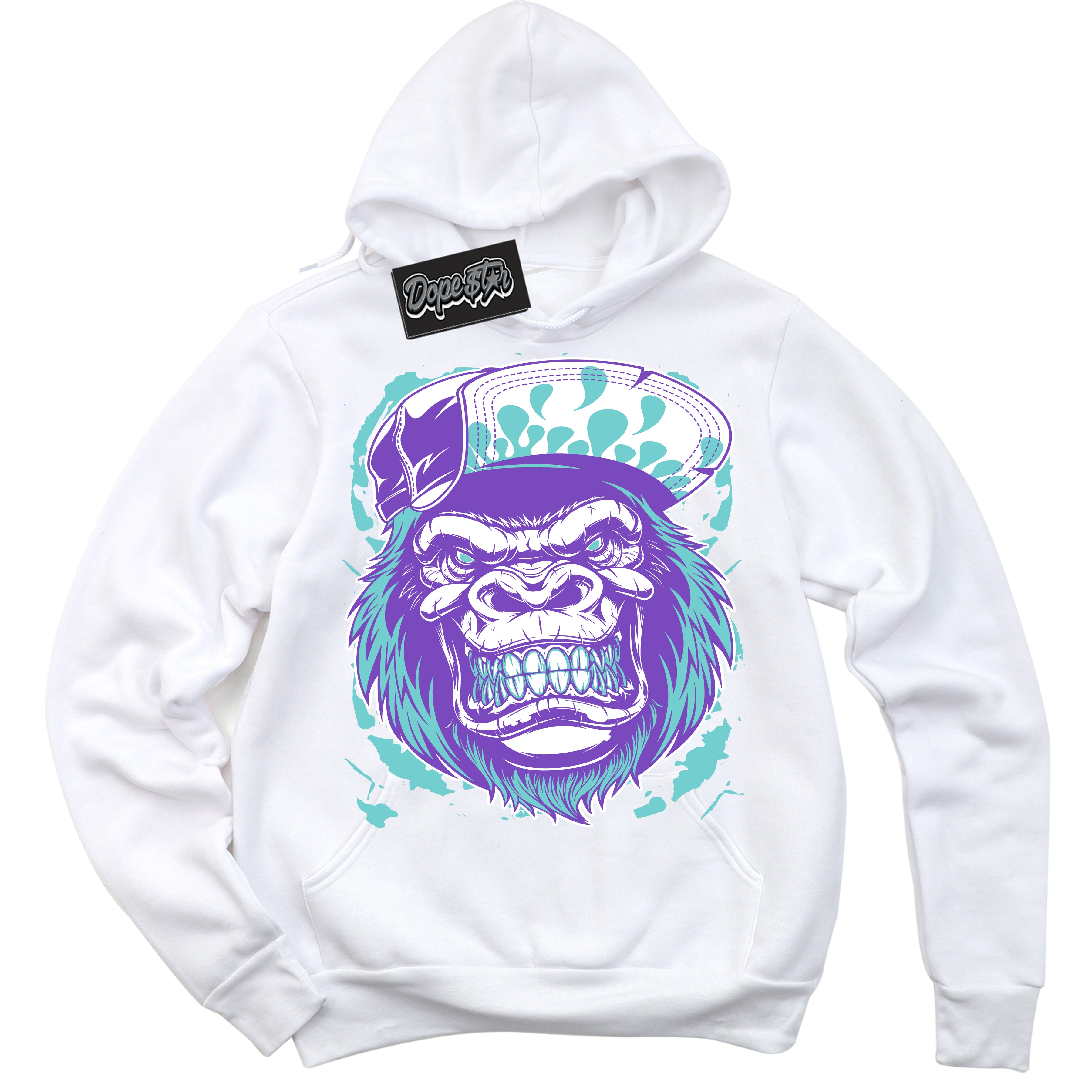 Cool White Hoodie with “Gorilla Beast” design that Perfectly Matches Psychic Purple Hyper Jade 1s Jordans.