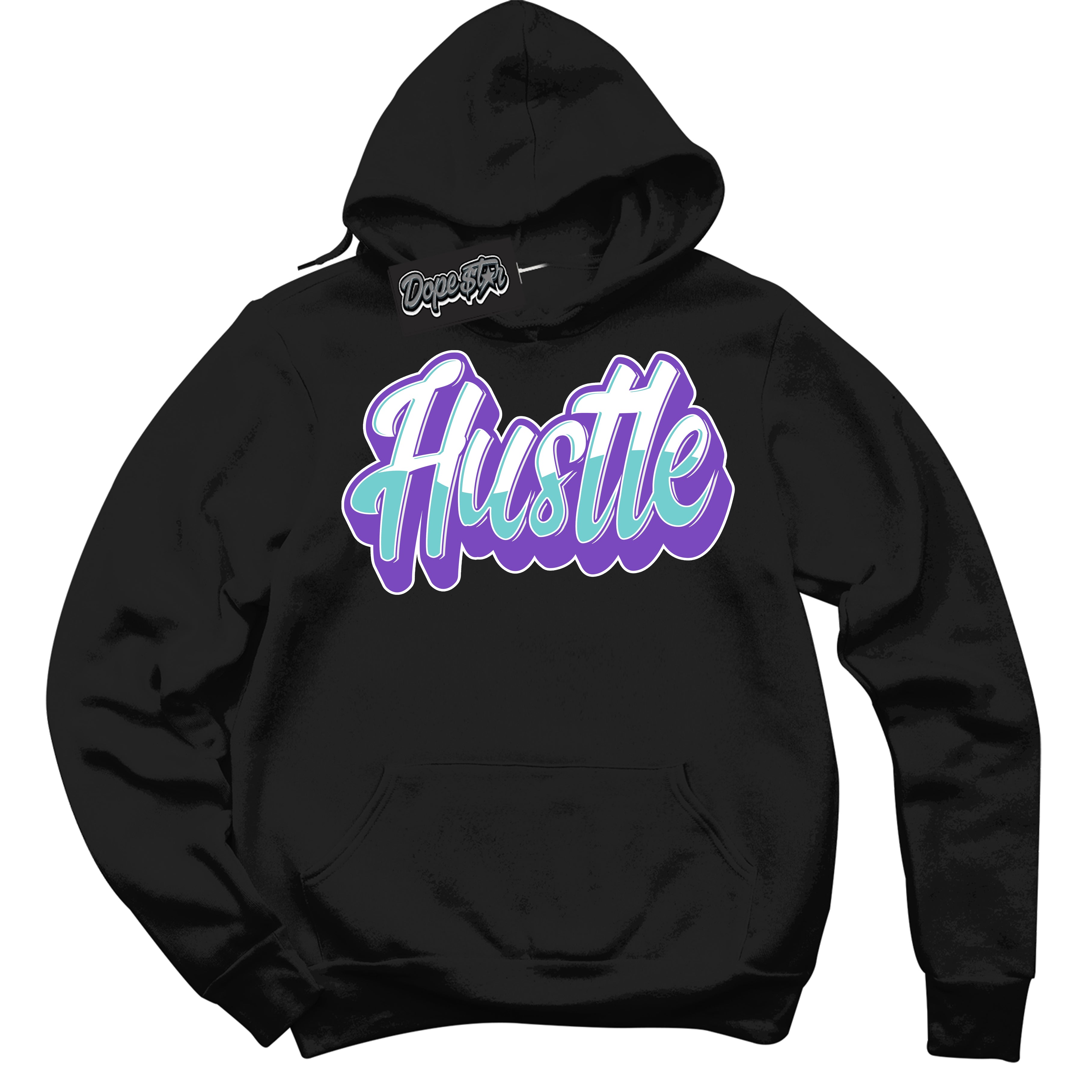 Cool Black Hoodie with “Hustle” design that Perfectly Matches Psychic Purple Hyper Jade 1s Jordans.